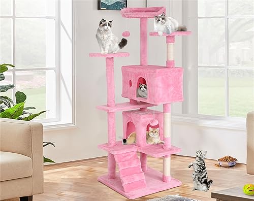 Miniatura 15 de Torre de árbol para gatos de 70 pulgadas, condominio de varios niveles con poste rascador, perca de felpa, bola colgante, resistente para gatos Azul
