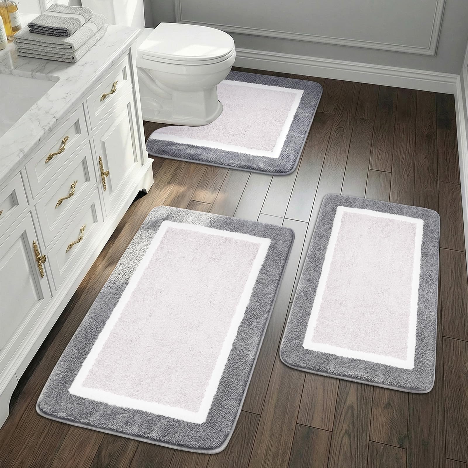 LUSCHEER Bathroom Mat Sets 3 piece, Grey Bathroom Rugs