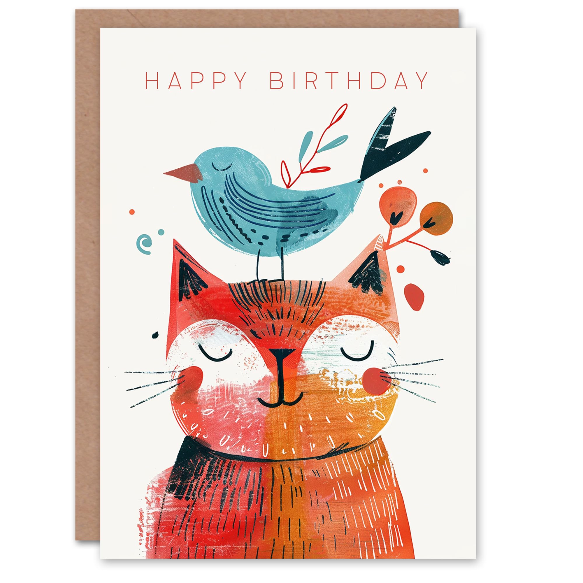 Artery8 Birthday Card Happy Cat Pet with Bird Friend Illustration For Son Daughter Girl Boy Kids Happy Card