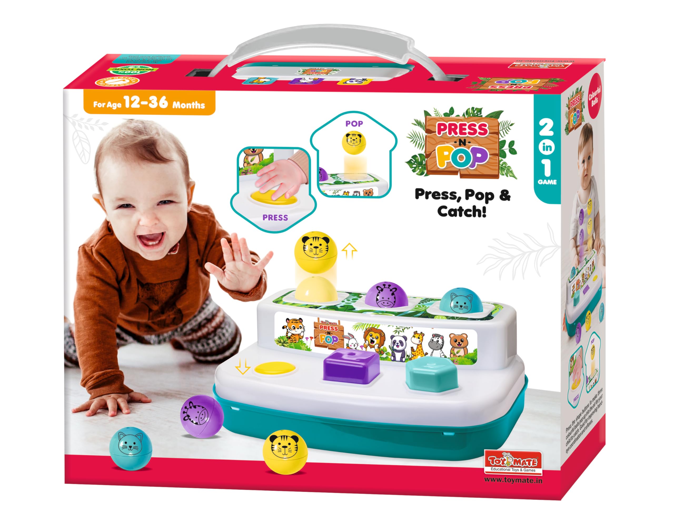 Toymate's Press and Pop - A 2 in 1 Animals and 3 colourfull Balls pop up Learning Educational Toy for Toddlers, Children, Boys & Girls and 12 Months and Above-image-34
