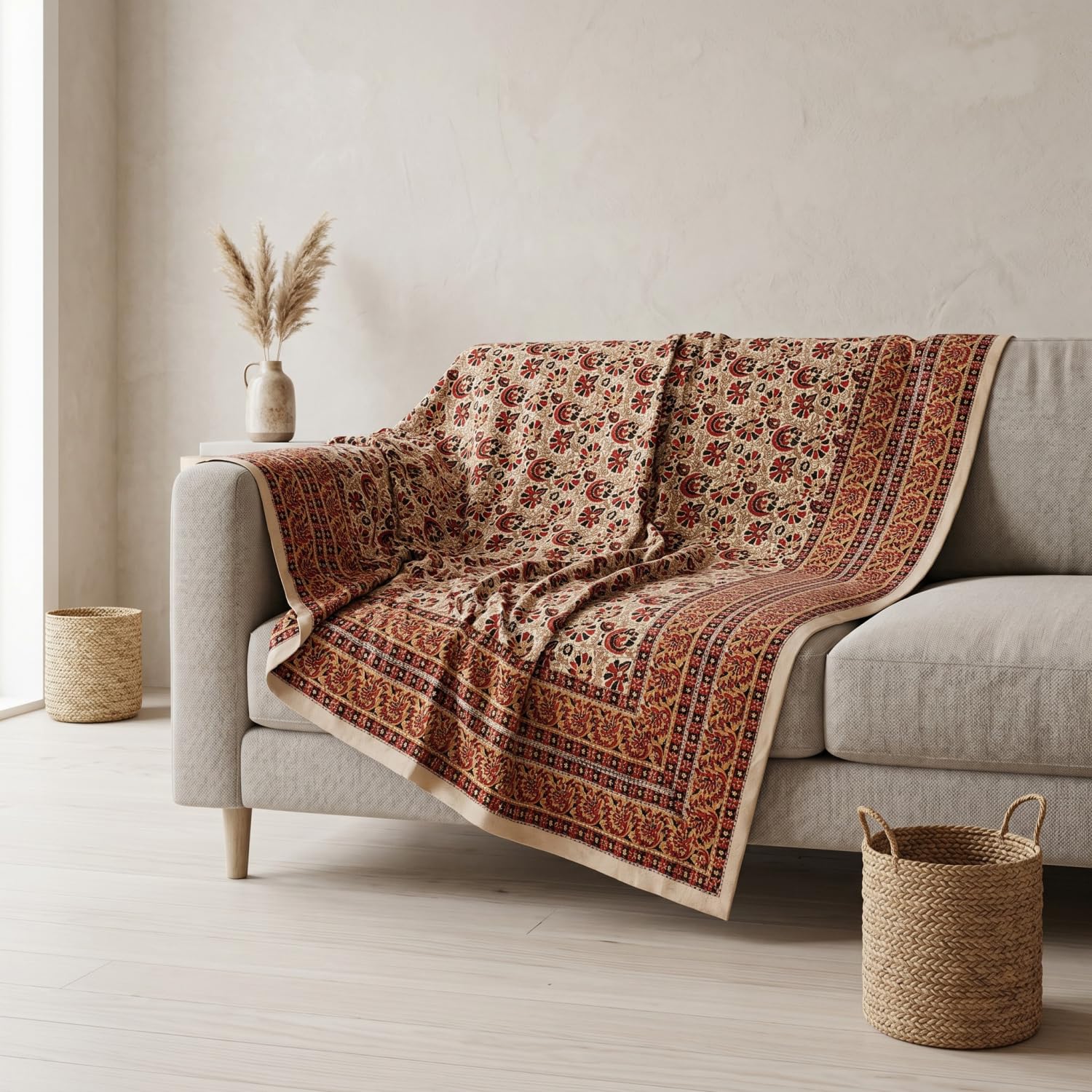 GURU SHOP Narzuta na łóżko i sofę, ręcznie robiona makata na ścianę, chusta na ścianę - wzór 2, brązowa, bawełna, rozmiar: podwójny 225 x 275 cm, narzuty z nadrukiem blokowym