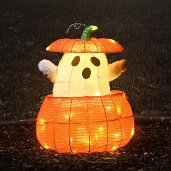 Lights4Fun Animated Ghost in Pumpkin Halloween Decoration - Mains Powered with 35 Warm White LEDs and Rising Motion - Cute Halloween Decoration Highlight with 6 Hour Timer Function