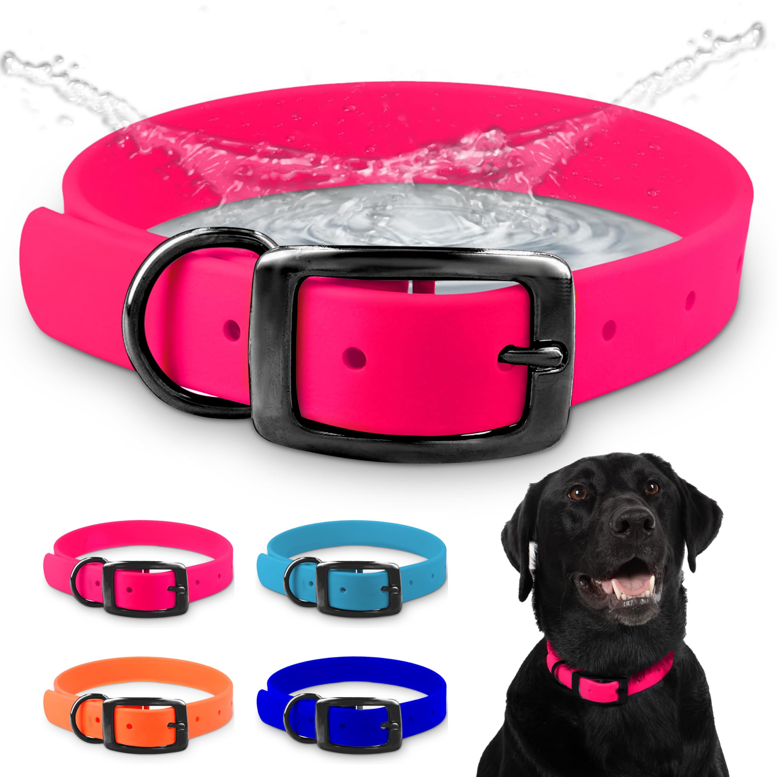 Collier résistant à l'eau rose avec anneau en D et boucle noire robuste pour grand chien de garde