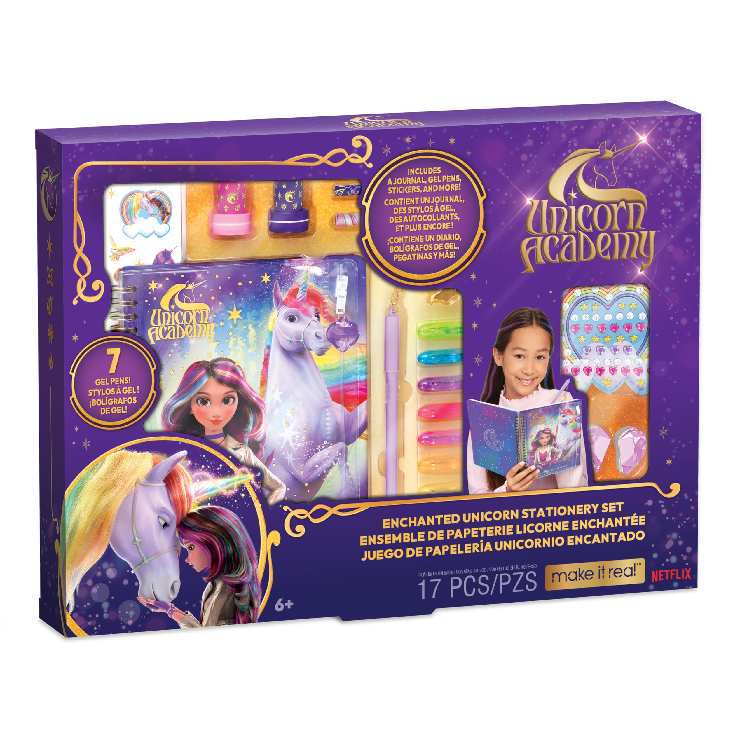 Make It Real Unicorn Academy Enchanted Stationery Set - Magical Craft Kit for Kids with Colouring Pencils, Gel Pens, Journal & Stickers - 17pc Creative Writing & Drawing Set for Netflix Series Fans