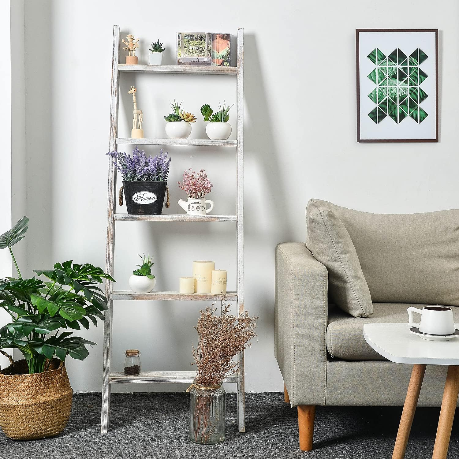 Rustic 5-Tier Wall-Leaning Wood Loadder Towel Racks for Bathroom Livingroom Kithen Office Woden Farmhouse Ladder-Style Blanket Rack Multipurpose Organizer Rack for Home (White)