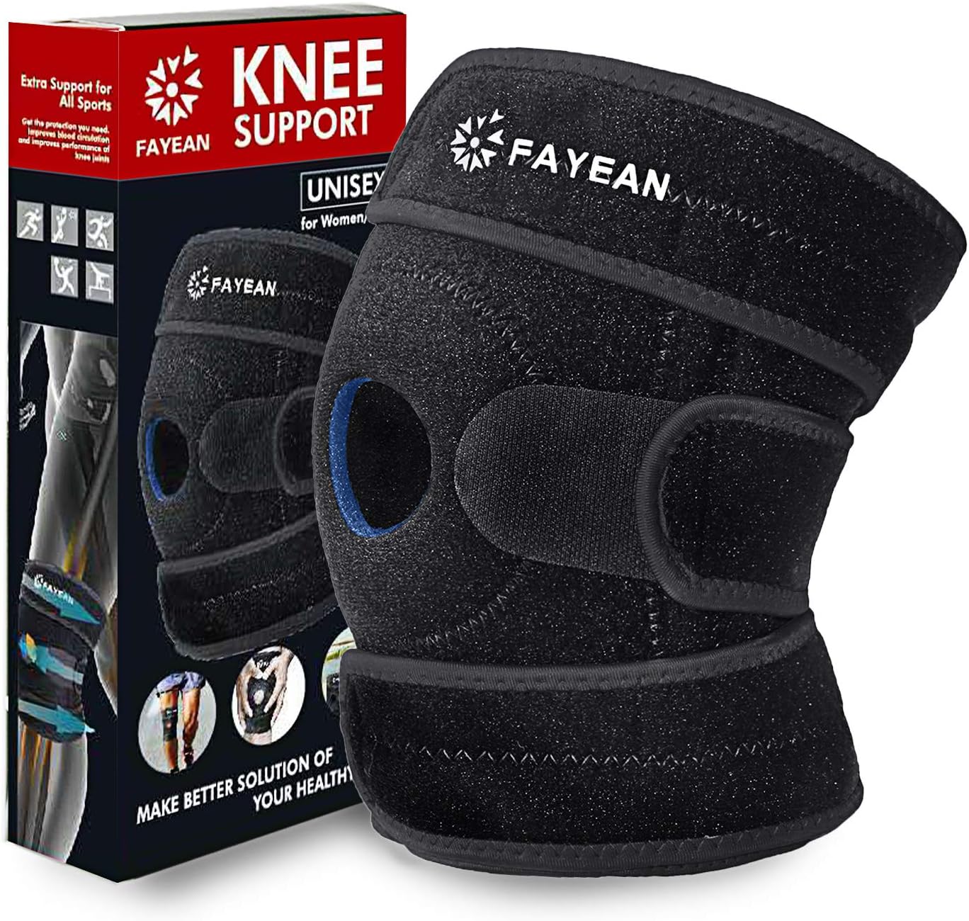 Knee Brace Support,Relieves ACL,LCL,MCL,Meniscus Tear,Arthritis,Open Patella Design Neoprene Adjustable Veclro,Breathable & Comfortable for Sports & Exercising