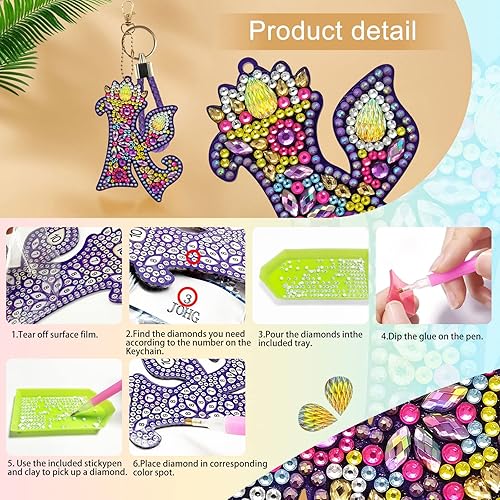 Miniatura 3 de JOOZ Llaveros artísticos de diamantes A-Z 26 letras de doble cara, corona, llavero 5D, kits de pintura de diamantes para adultos, llaveros