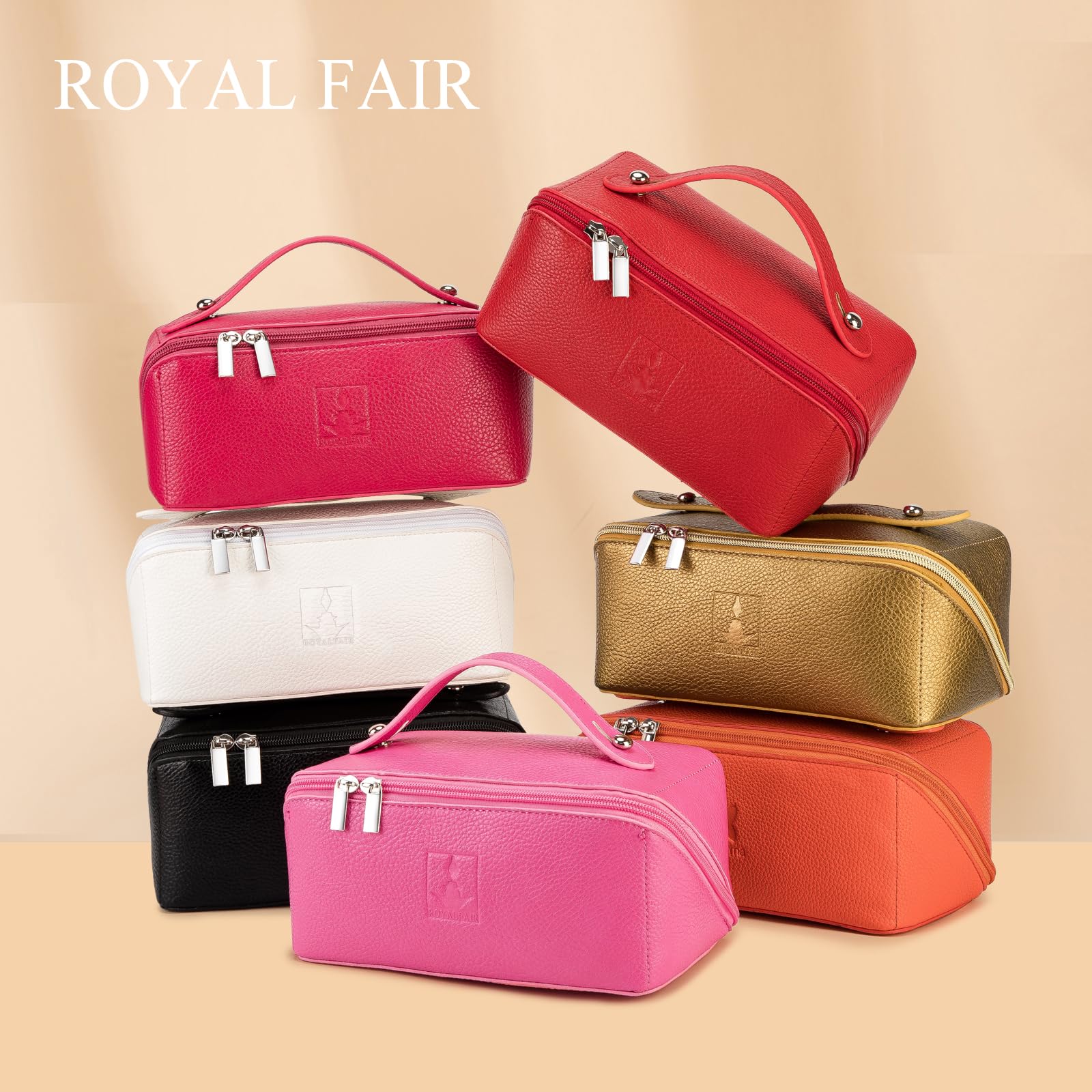 ROYAL FAIR podróżna torba na kosmetyki dla kobiet, duża pojemność, ze skóry PU, wodoszczelna, przenośna torba, otwarta, płaska torba na przybory toaletowe, organizer do makijażu z separatorem i