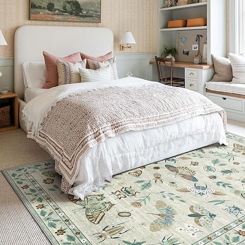 Miniatura 4 de Alfombra floral para sala de estar, 5 x 8 pies, color marfil, suave, lavable, bohemia, para dormitorio, estética, resistente a las manchas,