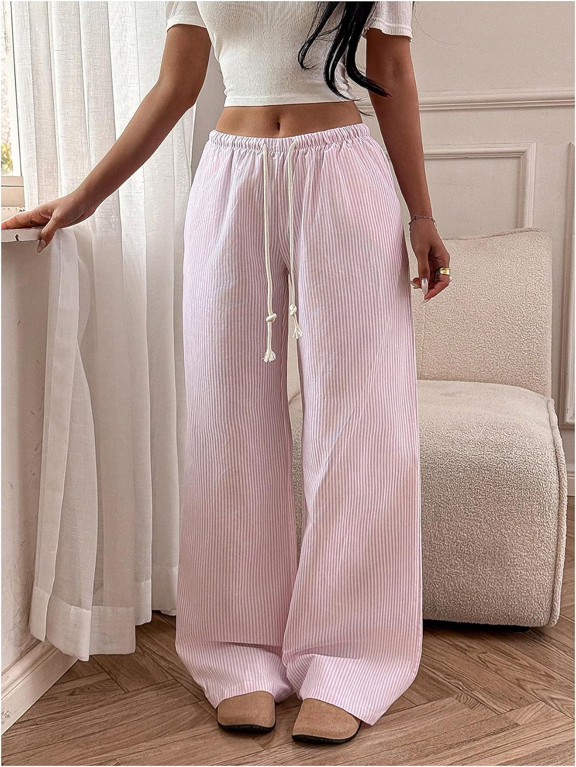 Milumia Women's Striped Drawstring Low Waist Pants Casual Straight Leg Loose Trousers with Pockets