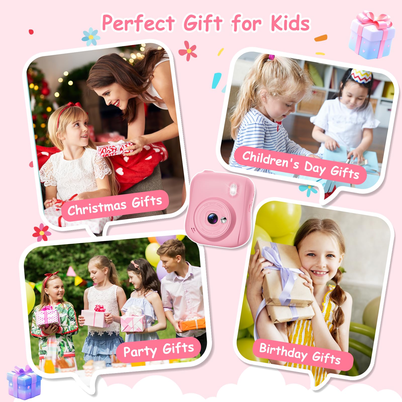 Hangrui Appareil Photo Instantané Enfant, 2,0 Pouces Écran HD Appareil Photo Enfant avec Carte de 32GB & 3 Rouleaux de Papier d'impression,Cadeau Jouet pour Enfant Garçons Filles de 3-10 Ans -Rose