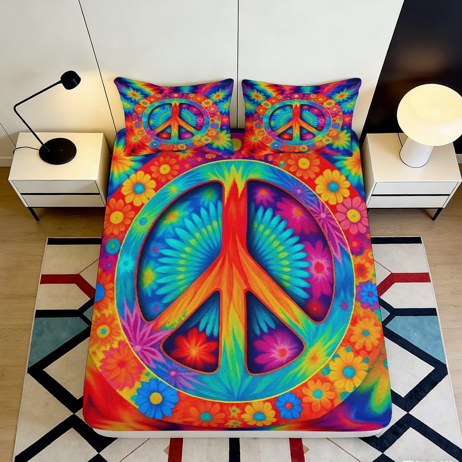 3D Printed Peace Symbol Fitted Sheet Microfiber Bright Floral Hippie Mattress Cover for Bedroom Dorm Gift Easy Care Decor 200x200x25cm