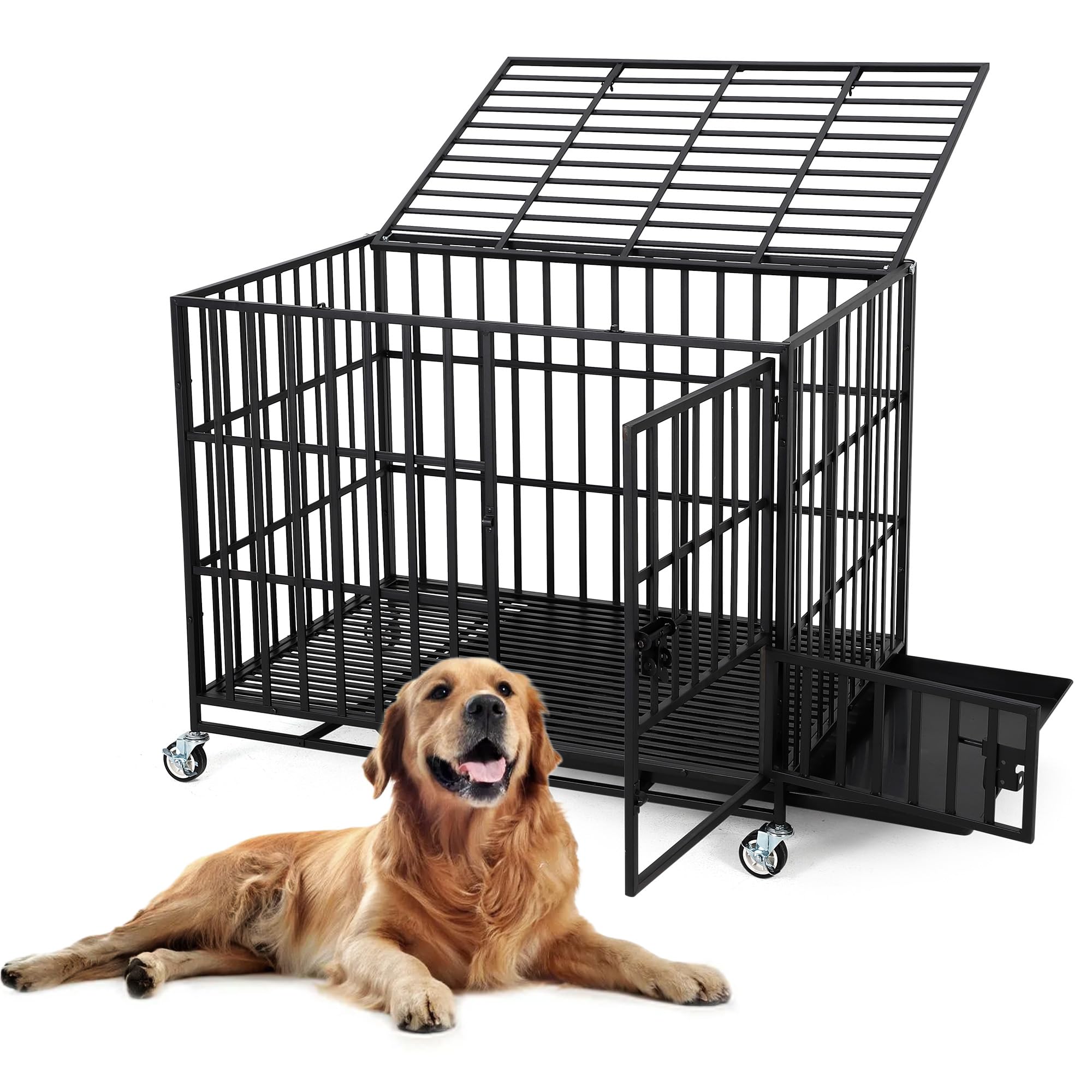 Caja para perros de metal pesado de 125 cm, con 3 puertas, jaula antifugas, para interior con estantes y ruedas, caseta extra grande para perros grandes y medianos, fácil de limpiar (negro)