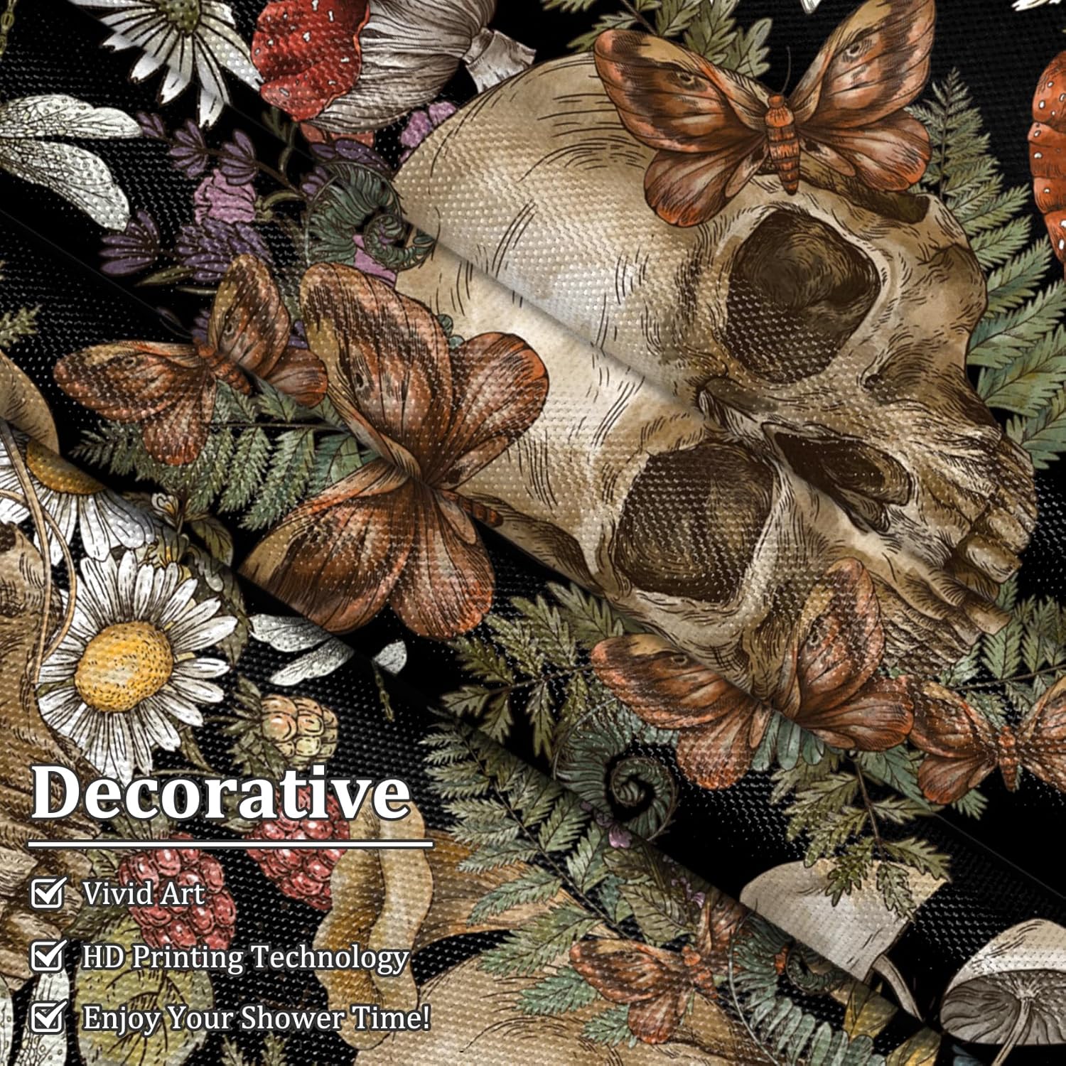 Renaiss 72 x 96 Inch Gothic Sugar Skull Shower Curtain Spooky Skeleton Vintage Mushroom Flower Floral Daisy Bath Shower Curtain Halloween Botanical Aesthetic Bathroom Decor Curtains Polyester 12 Hooks