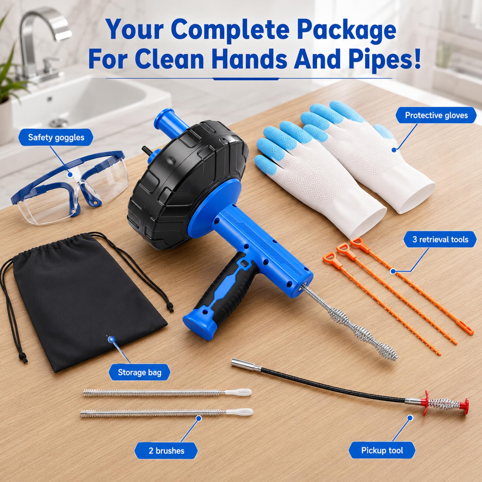 Espiral de limpieza de tuberías de 14 m con accesorio de perforación, espiral de desagüe, limpiador de tuberías para cocina y baño, muelle electrochapado resistente, limpiador de desagües