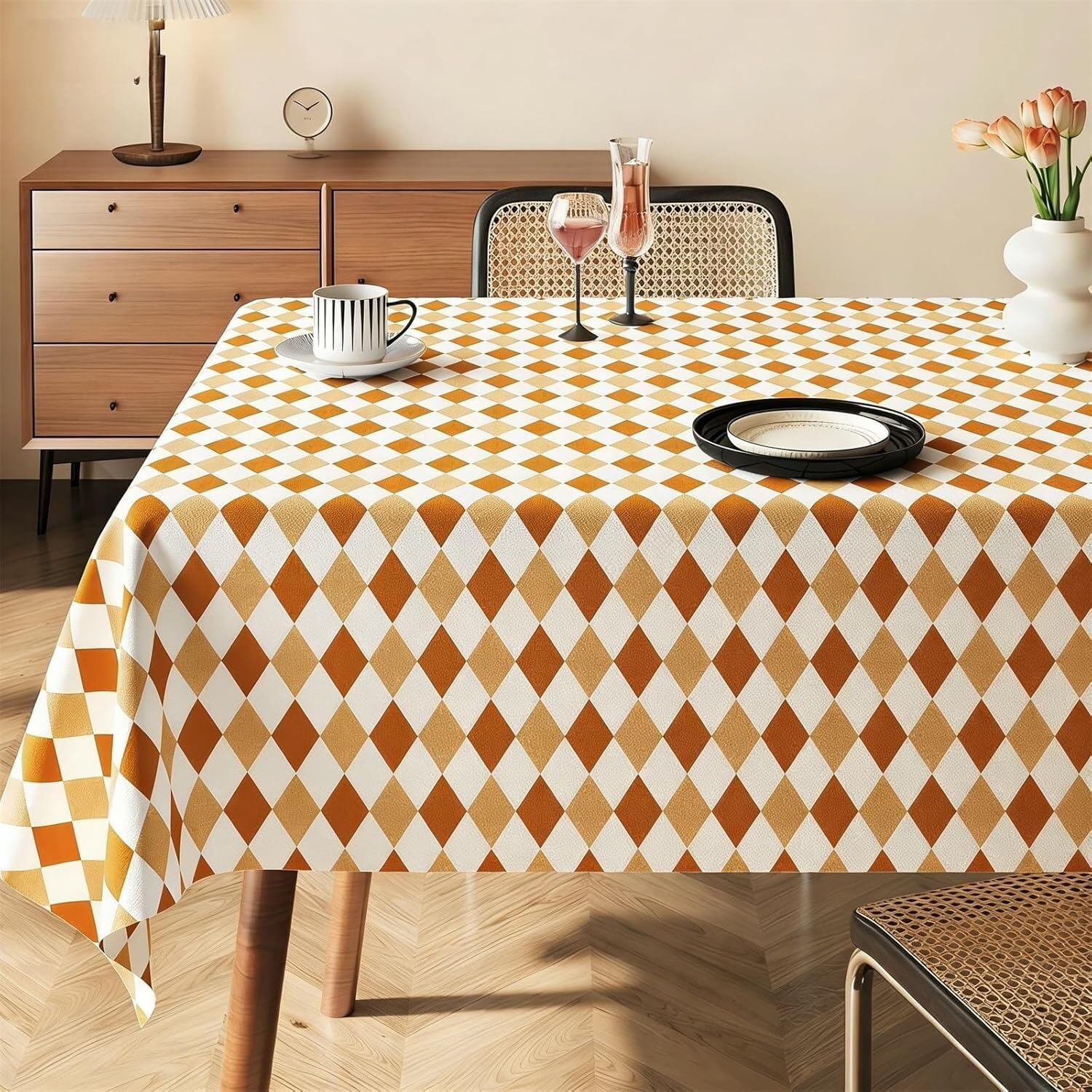 KIJyfgTR New Twill Check Wipeable Tablecloth, Rectangular Table Cover(Orange,140x180cm)