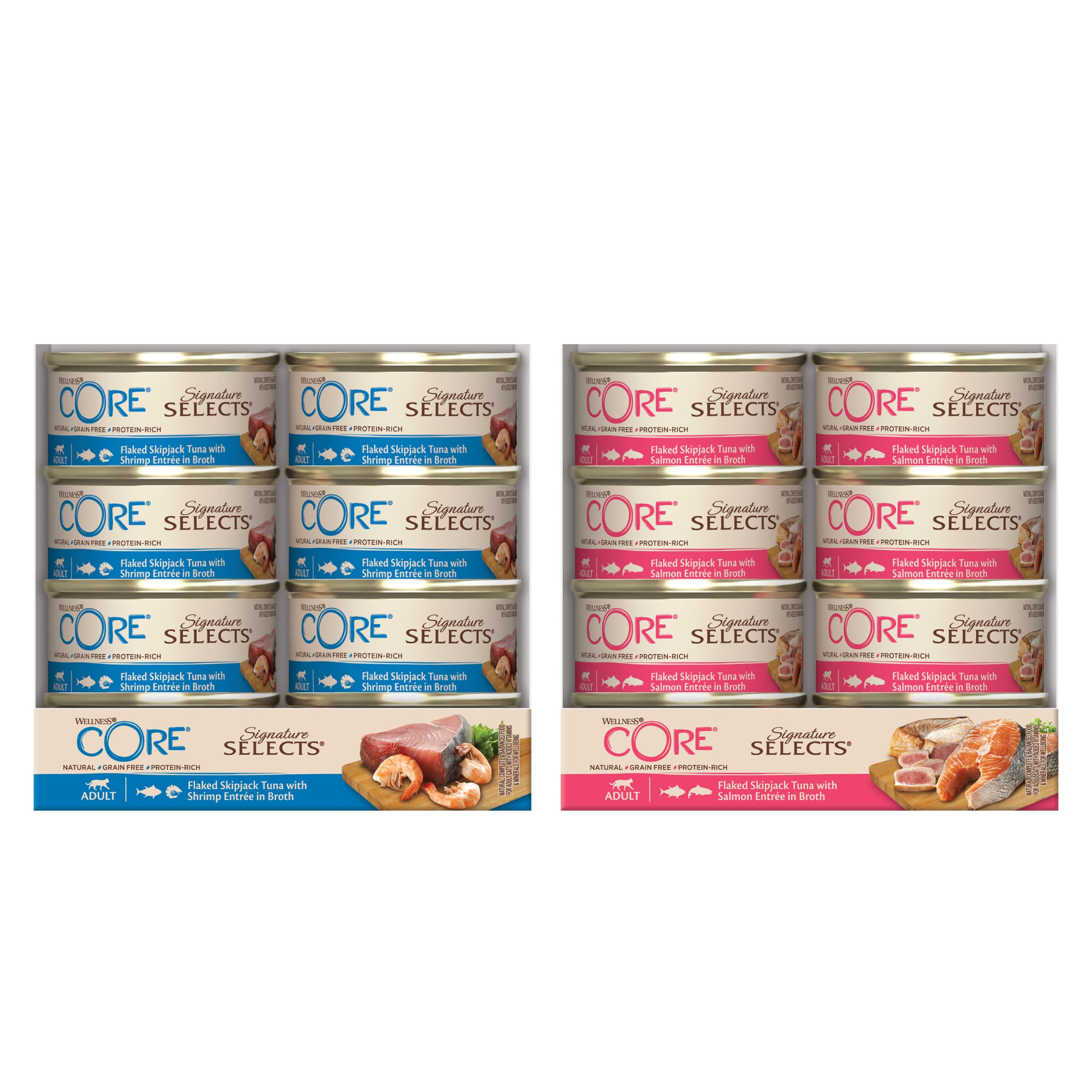 Wellness CORE Signature Selects Fisch-Bündel, 48 x 79g, Flaked Bonito & Garnelen, Flaked Bonito & Lachs, Nassfutter für ausgewachsene Katzen in Brühe, ohne Zuckerzusatz, getreidefrei, mit hohem Fleisc