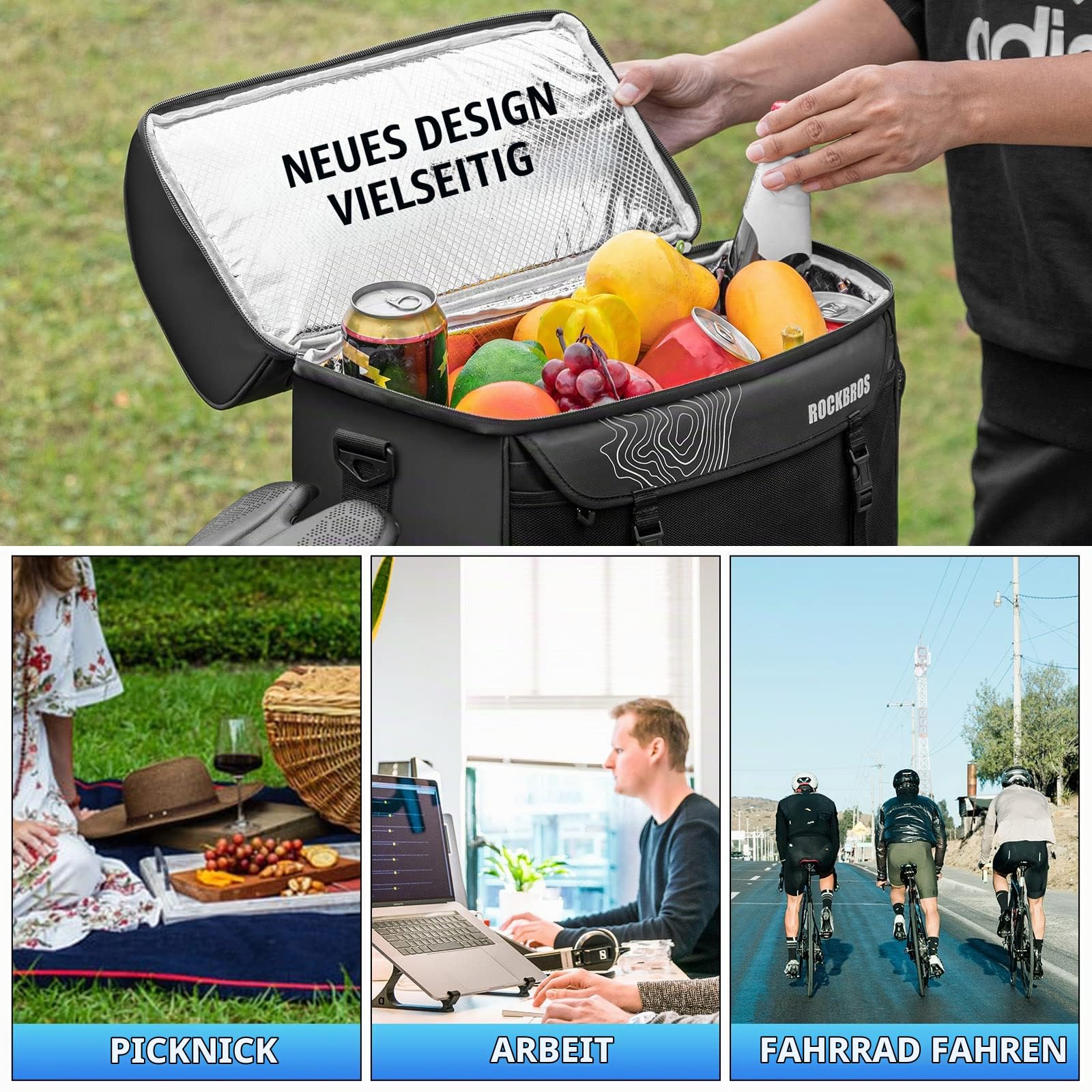 ROCKBROS Fahrrad Gepäckträgertasche 11L Kühltasche Transporttasche mit Schultergurt Doppel-Fächern Isolierte Lunch Tasche Schwarz | Transporttasche, Lunch Tasche, Doppel Fächer, Schultergurt, 11 L, Schwarz