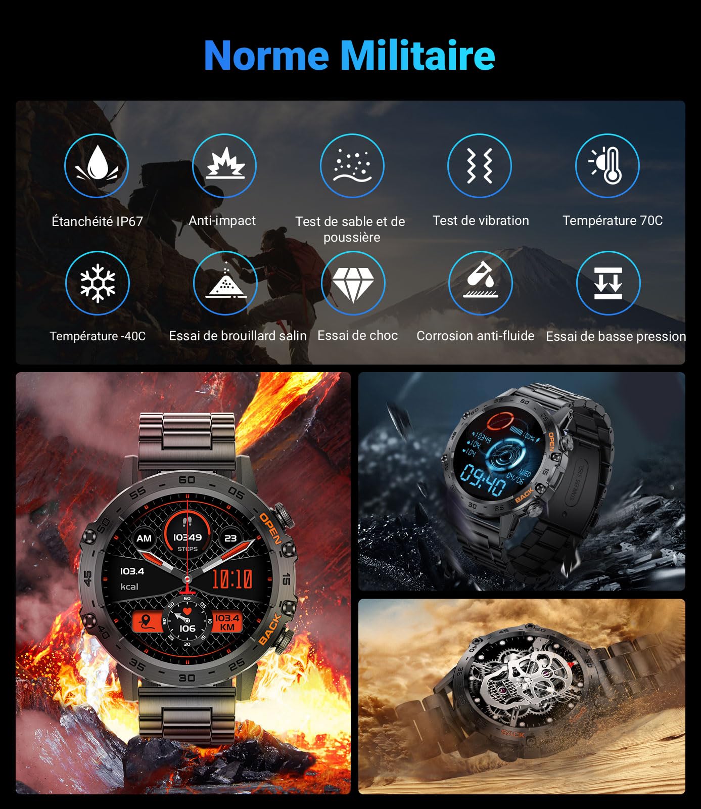 LIGE Montre Connectée Homme, 1.39" Smartwatch avec Fréquence Cardiaque, Tension Artérielle, SpO2, Durée du Sommeil, 300+ Cadran, 100+ Sports Fitness Watch pour Android iOS, IP67, Noir