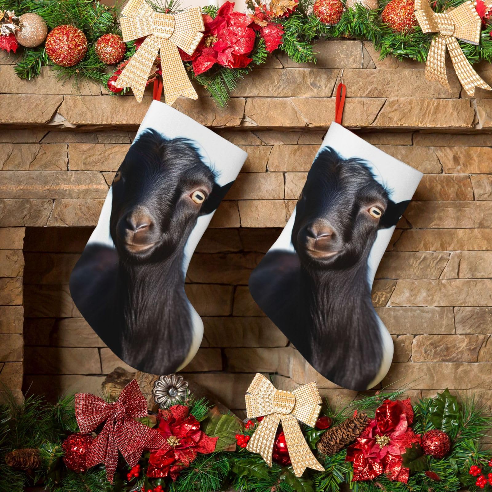 KLOPH Christmas Stockings 18" Personalized Xmas Stocking Cute Black Goat Animal Decoration Stocking Hanging Fireplace Stocking for Holiday Xmas Tree Christmas Fireplace Decor