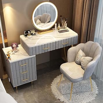 Vanity Makeup Table with 3 Lighting Modes Adjustable Brightness, Round Mirror and Chair, Bedroom Dressing Table with Storage