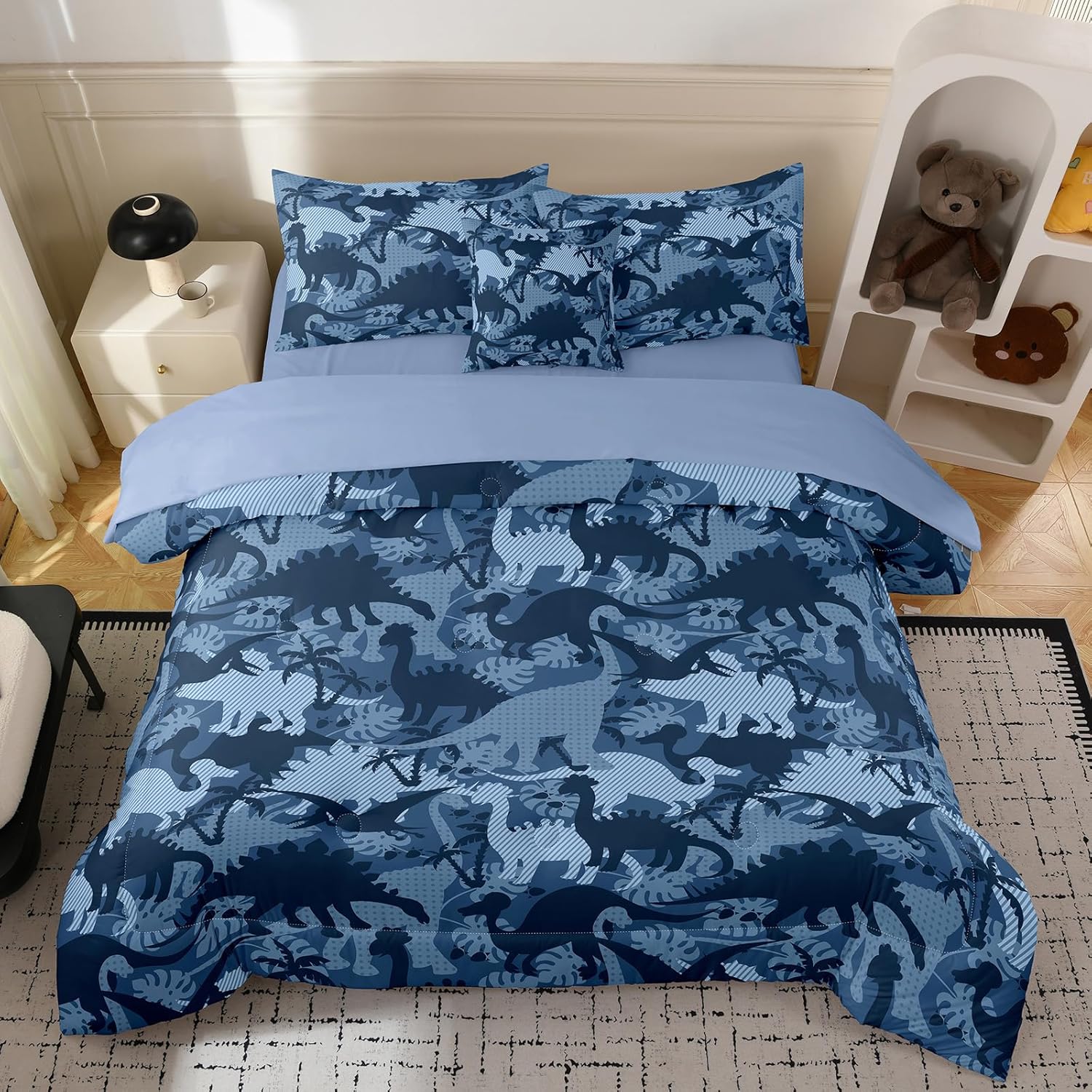 6pc Dinosaur Bedding Set for Boys,Queen Size Comforter Sets for Teen,Kids Comforter Set with 1 Quilt+1 Flat Sheet+1 Fitted Sheet+2 Pillowcases+1 Cushion Cover(Dinosaur Queen)