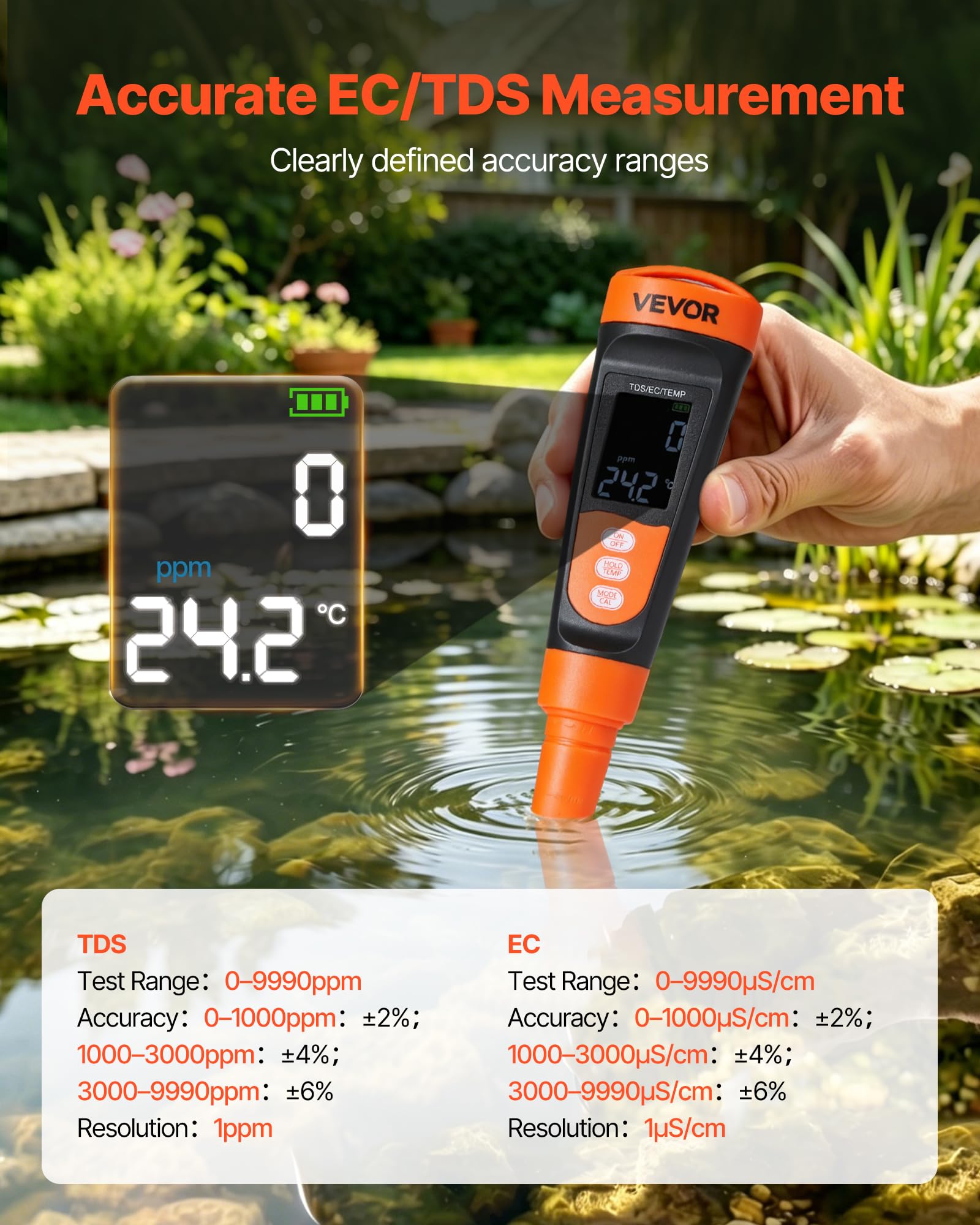 VEVOR Tester TDS, multiparametryczny pomiar EC/TDS 0-9990 str./min, cyfrowy tester jakości wody z ATC i przezroczystym wyświetlaczem VA, do wody pitnej, akwarium, basenu i hydroponiki, przenośny