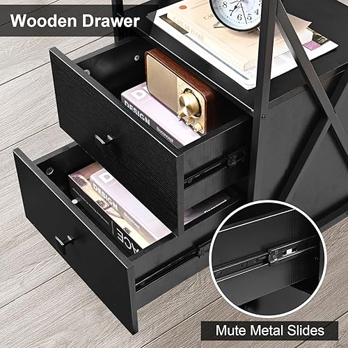 Miniatura 6 de Livofloral Juego de 2 mesitas de noche con LED, mesita de noche con estación de carga, juego de 2 mesas auxiliares negras con cajones de madera,