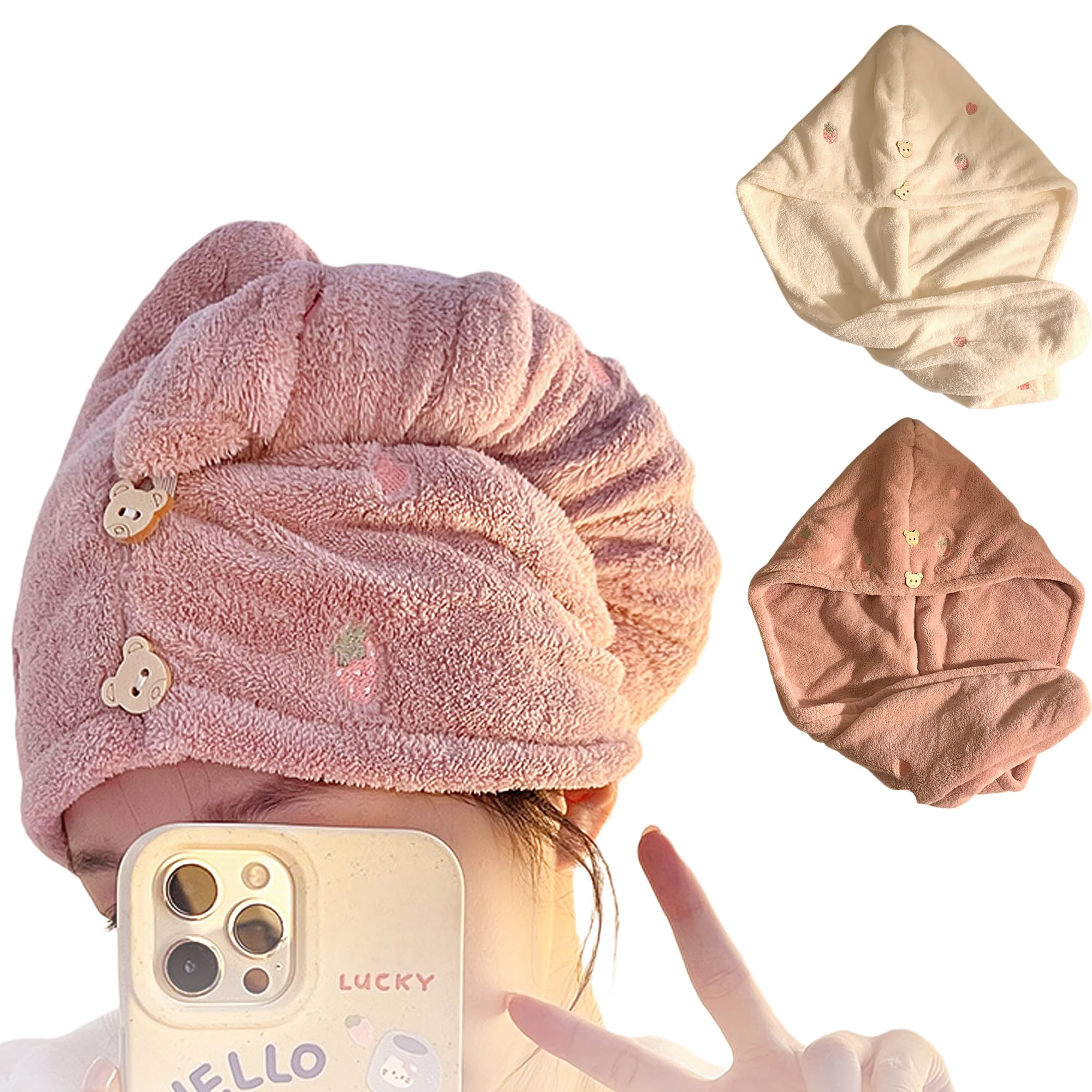 UINSUE 2PCS Hair Drying Towel for Women Strawberry Embroidered Extra Thick Quick Dry Coral Fleece Hair Turban Soft Shower Spa Gym (Pink+White)