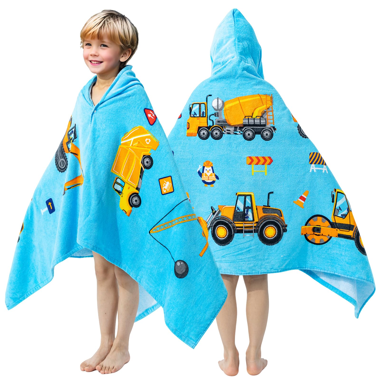 Gealaek 100% Cotton Hooded Towel for Toddlers 5-12 Years Boys Girls 60"x30" Extra Large Wearable Wrap Kids Bath Pool Beach Towel Soft Absorbent Beach Poncho(Construction Site XL)