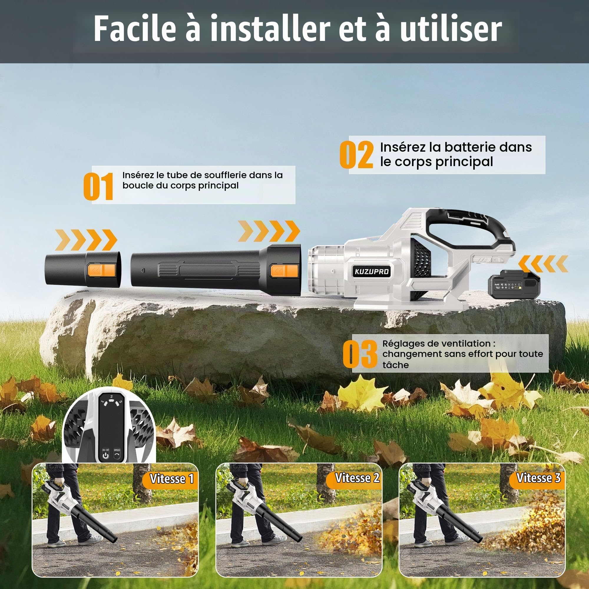Souffleur de Feuilles sans Fil 21V, 2 Batteries 4,0Ah Incluses, 3 Vitesses Réglables, 2 Tubes de Soufflage Amovibles, Bandoulière – pour Jardin, Terrasse et Nettoyage Extérieur