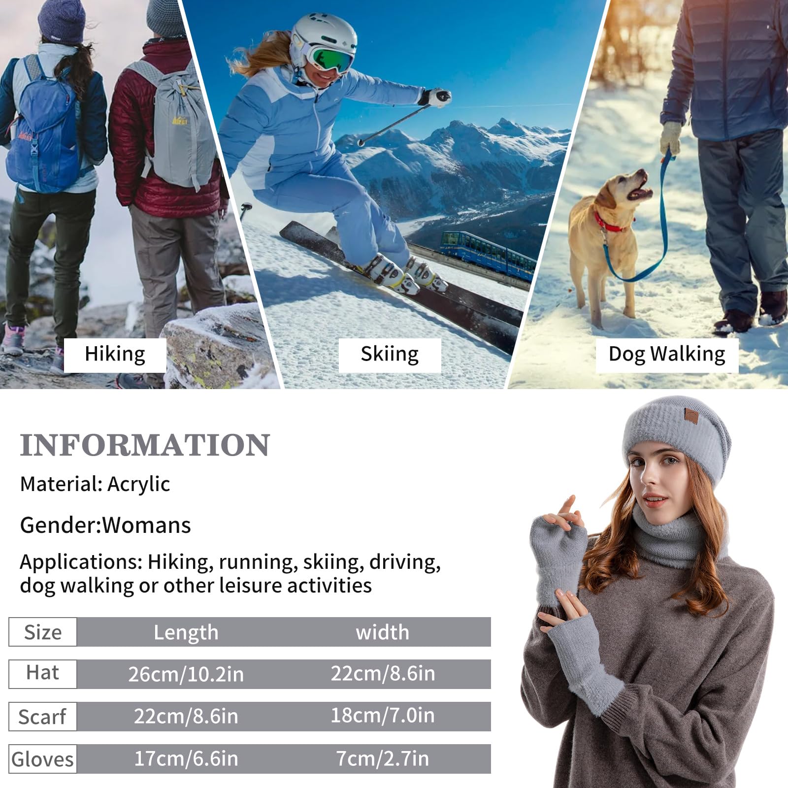 Zestaw czapek i szalików dla kobiet z podszewką polarową, czapka, szalik i rękawiczki, zestaw damski, 3 w 1, termiczna dzianinowa czapka beanie, ocieplacz na szyję, rękawiczki bez palców, dla