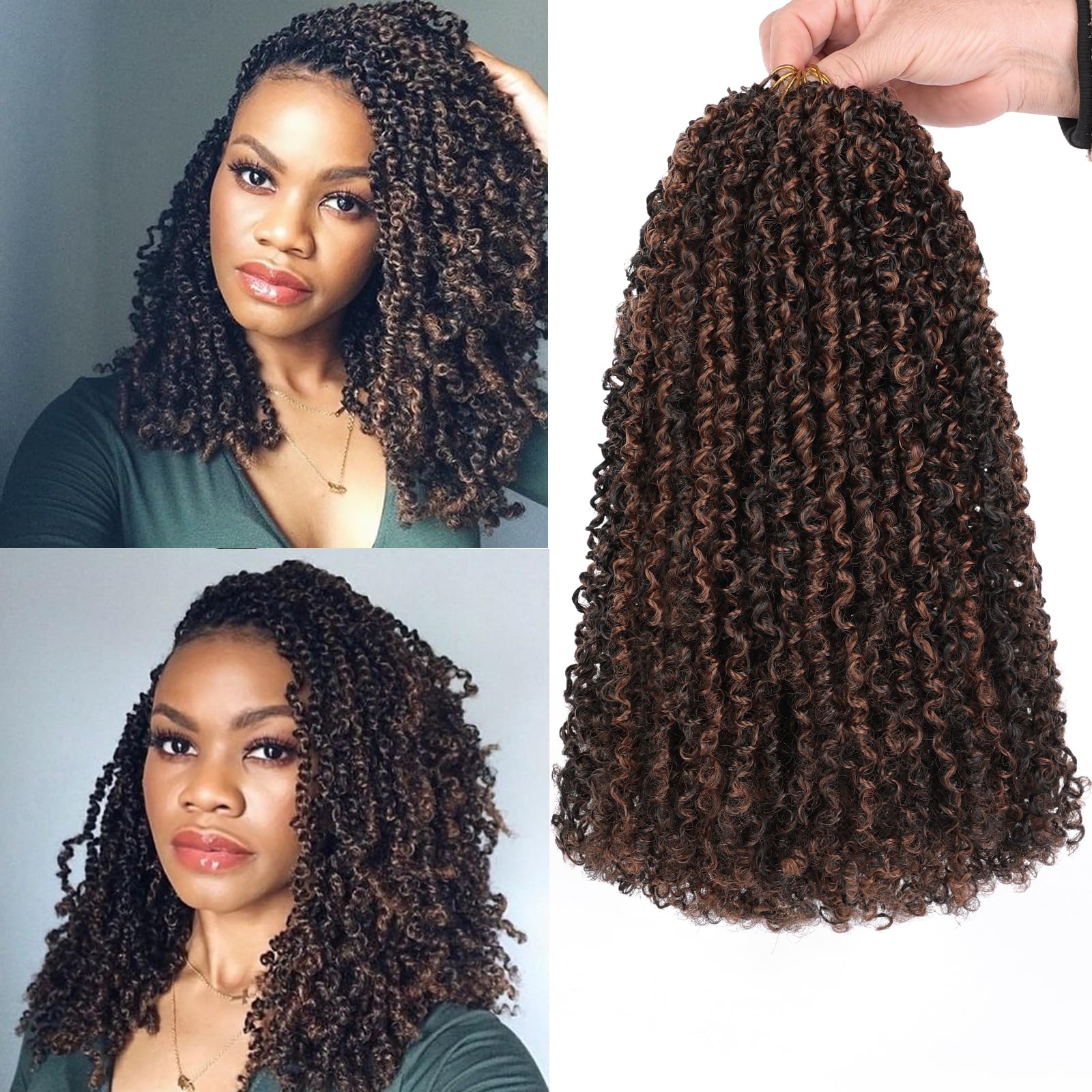 Unionbeauty Pre-twisted Yanky Twist Crochet Braids Hair 12 Inch 8 Packs Pre-looped Spring Twists Hair with Bouncy Ombre Brown Micro Passion Twists