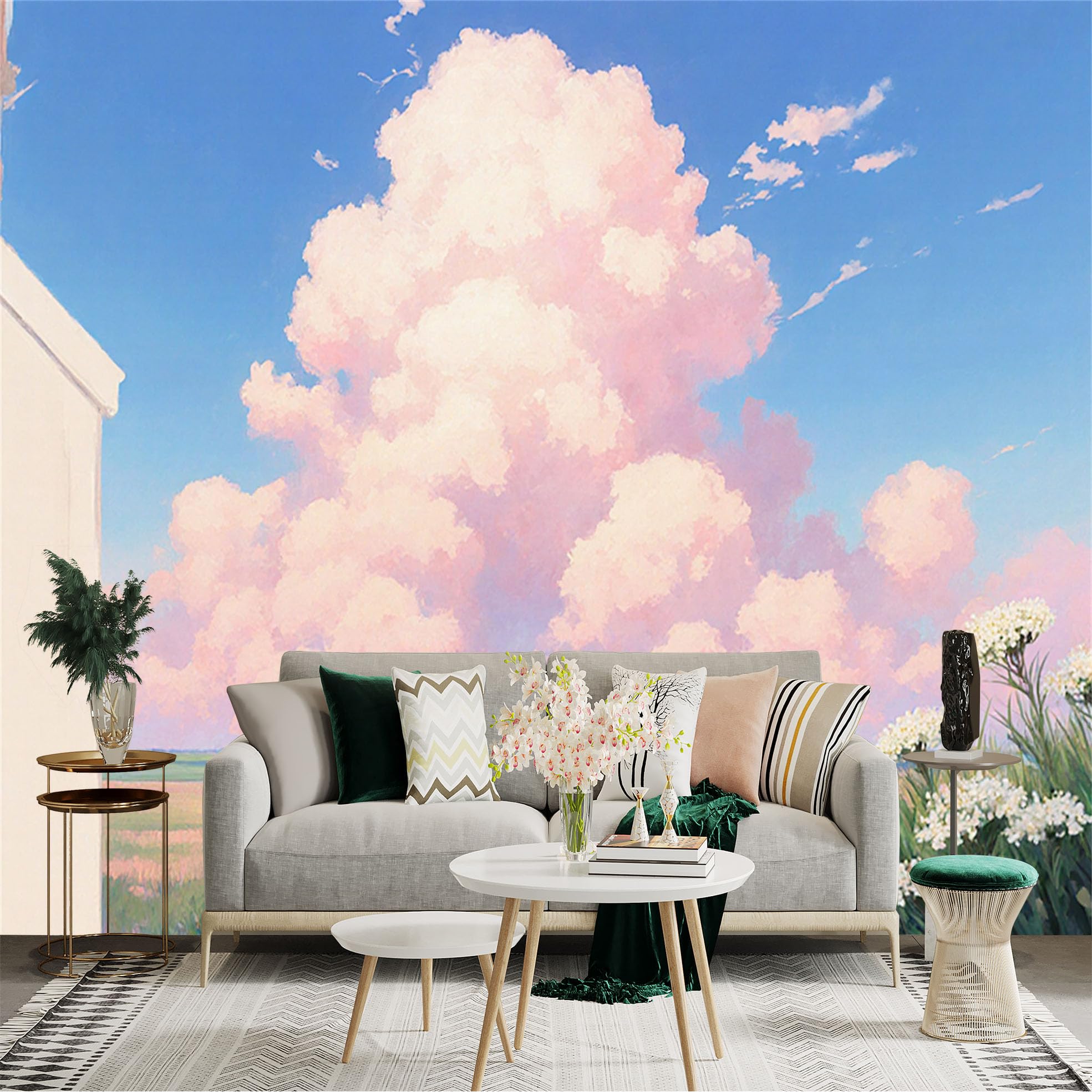 Custom Size Wall Sticker Mural， Pink Clouds in Blue Sky， Summer Meadow Landscape， Scenic Wildflowers， for wall Decoration， peelandstick wall Decals.
