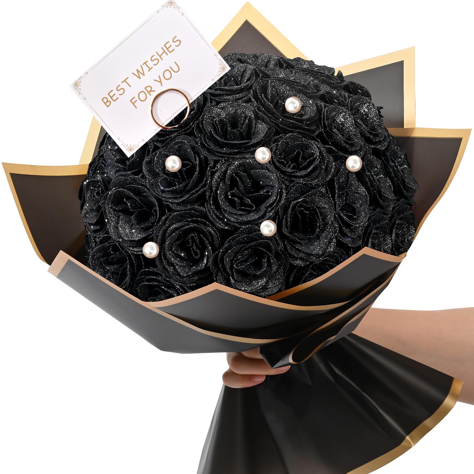 Waipfaru Black Glitter Roses Bouquet, DIY Fake Flowers Bouquet, Artificial Rose Bouquet for Valentines, Anniversary, Engagement, Wedding, 36 Roses