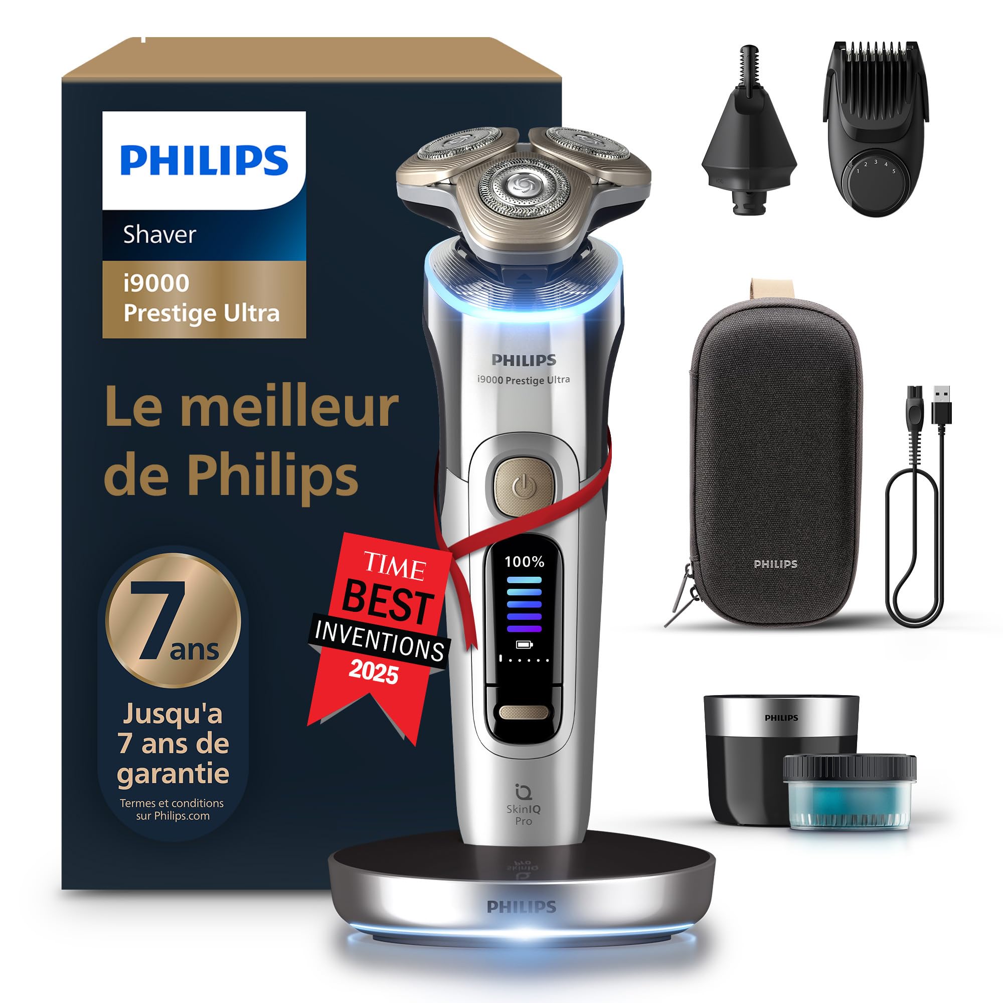 Philips Rasoir i9000 Prestige Ultra, rasoir électrique 100% étanche, technologie Skin IQ Pro, système Triple Lift & Cut, lames de précision NanoTech rotatives 360, 5 modes de rasage, XP9404/38
