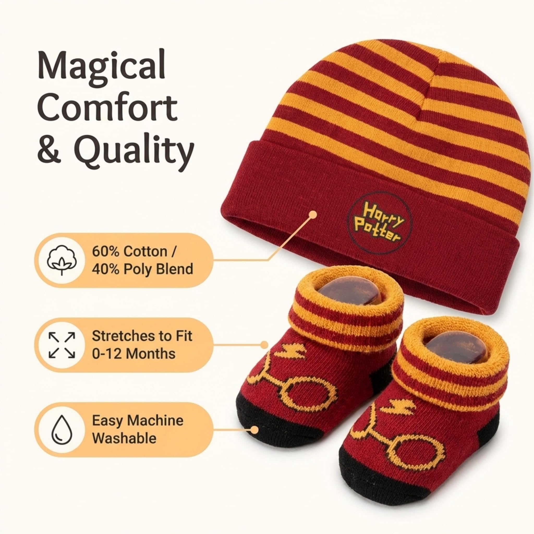 Harry Potter Baby Boys Cap and Bootie Set - Baby Gift Set with Hat and Socks for 0-12 Months (Yellow/Red, 0-12Months)