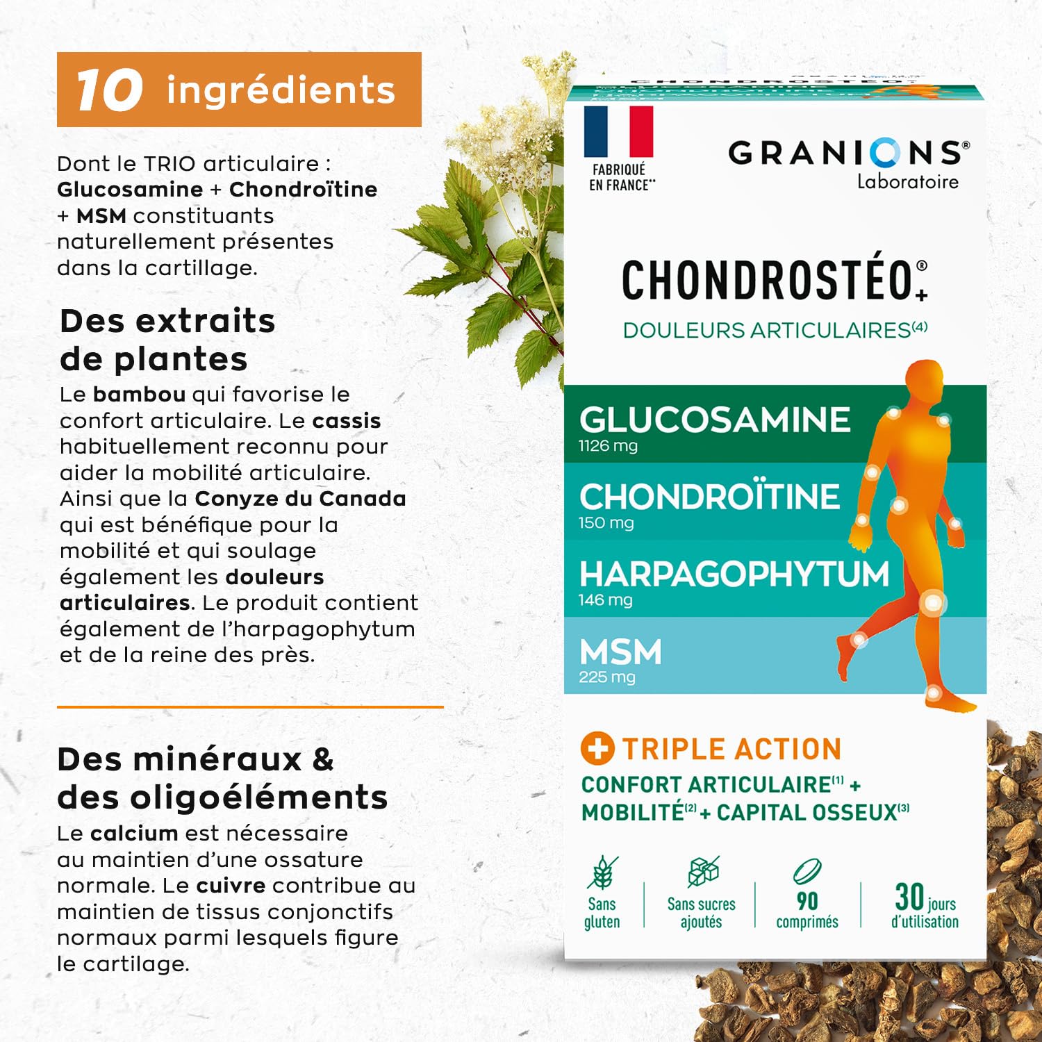 GRANIONS CHONDROSTEO ARTICULATIONS - Glucosamine Chondroïtine, MSM, Harpagophytum - Calcium -Triple Action: Souplesse, Flexibilité, Mobilité -Lot de 3x90 Comprimés