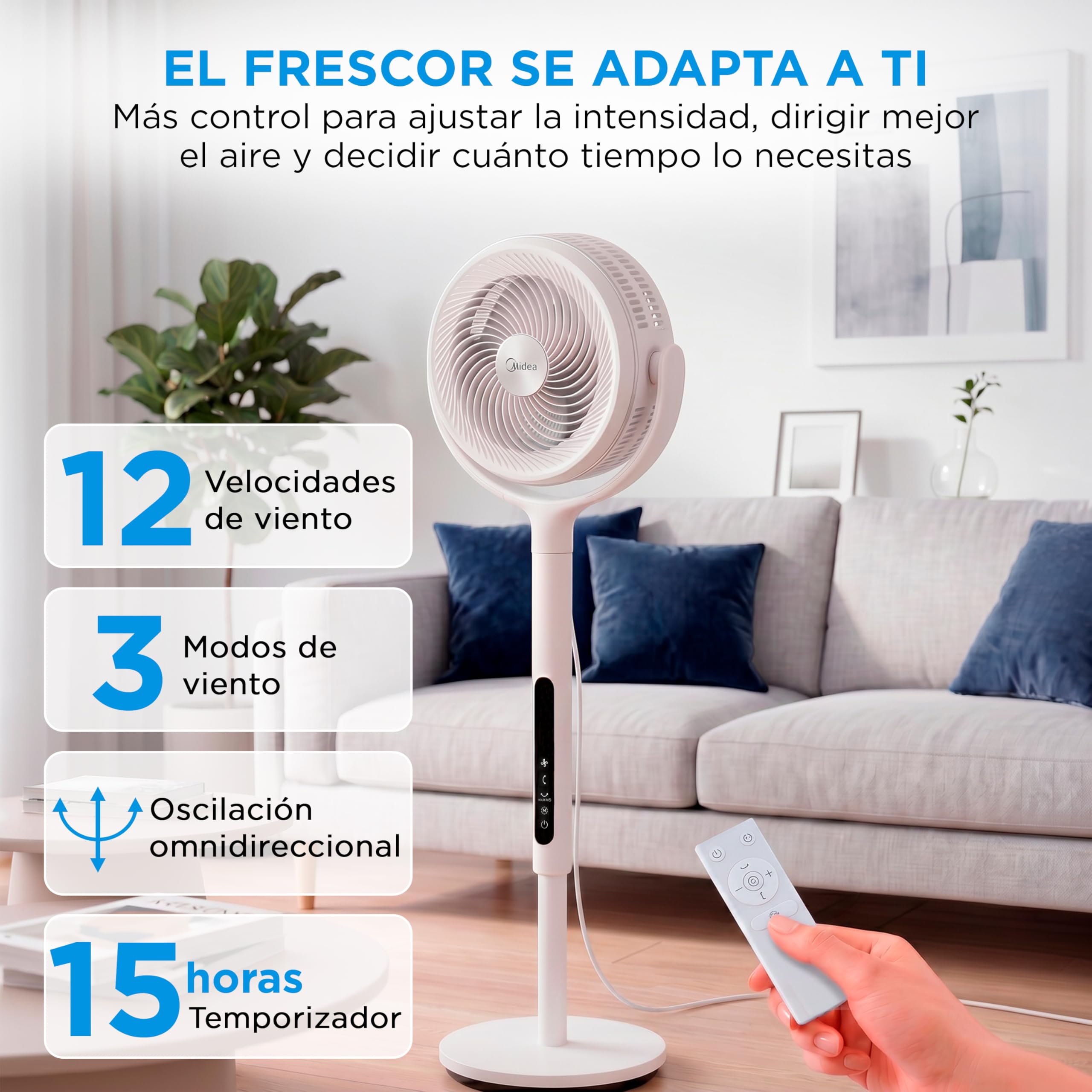 Midea Ventilador de Pie de 12 Velocidades con Mando a Distancia - Ventilador Silencioso con Oscilación 120º + 135º y Altura Regulable - Temporizador, Filtro, Doble Aspa, y 3 Modos - Alcance hasta 24 m