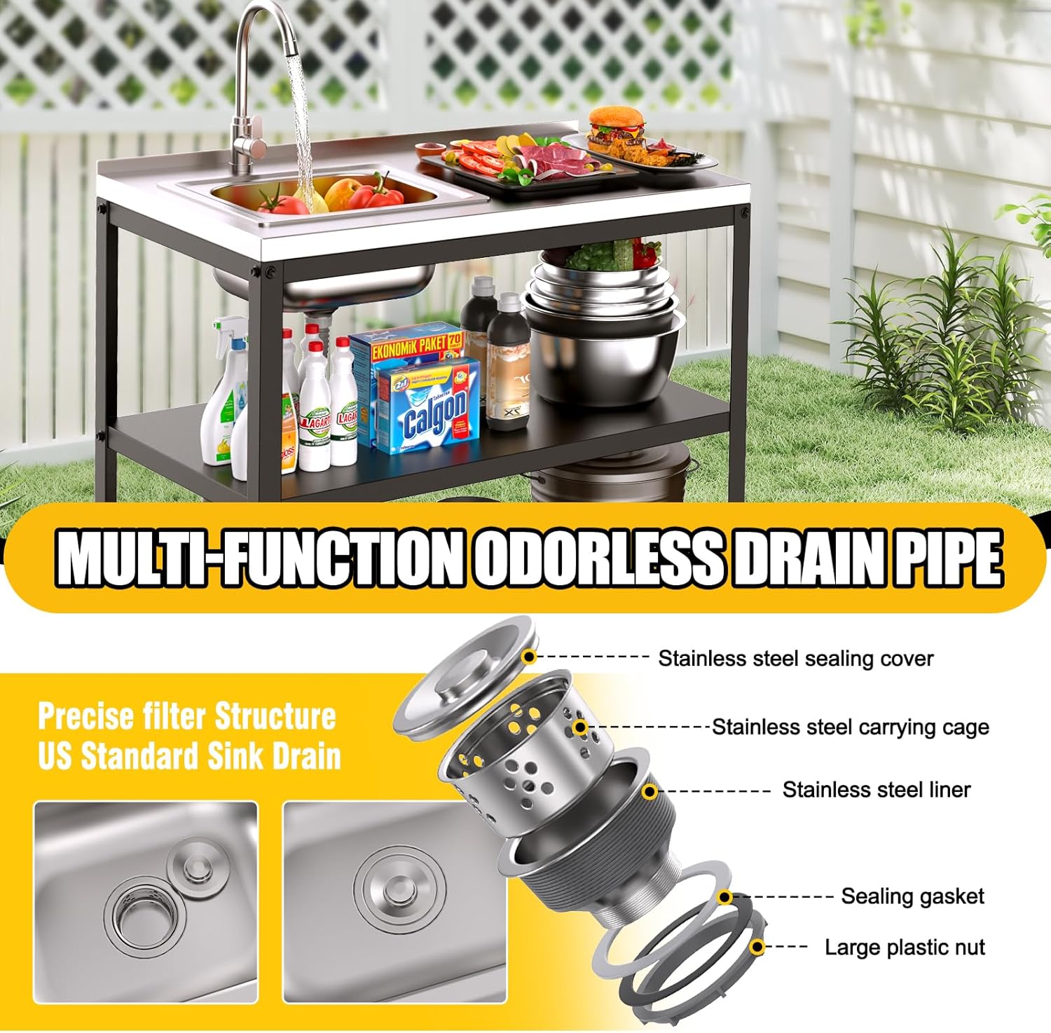 36"H Outdoor Kitchen Sink Station, Outdoor Sink with Hose Hook Up, Stainless Steel Outdoor Utility Sink with Countertop, Freestanding Laundry Sink for Backyard, Garage, Patio, Restaurant