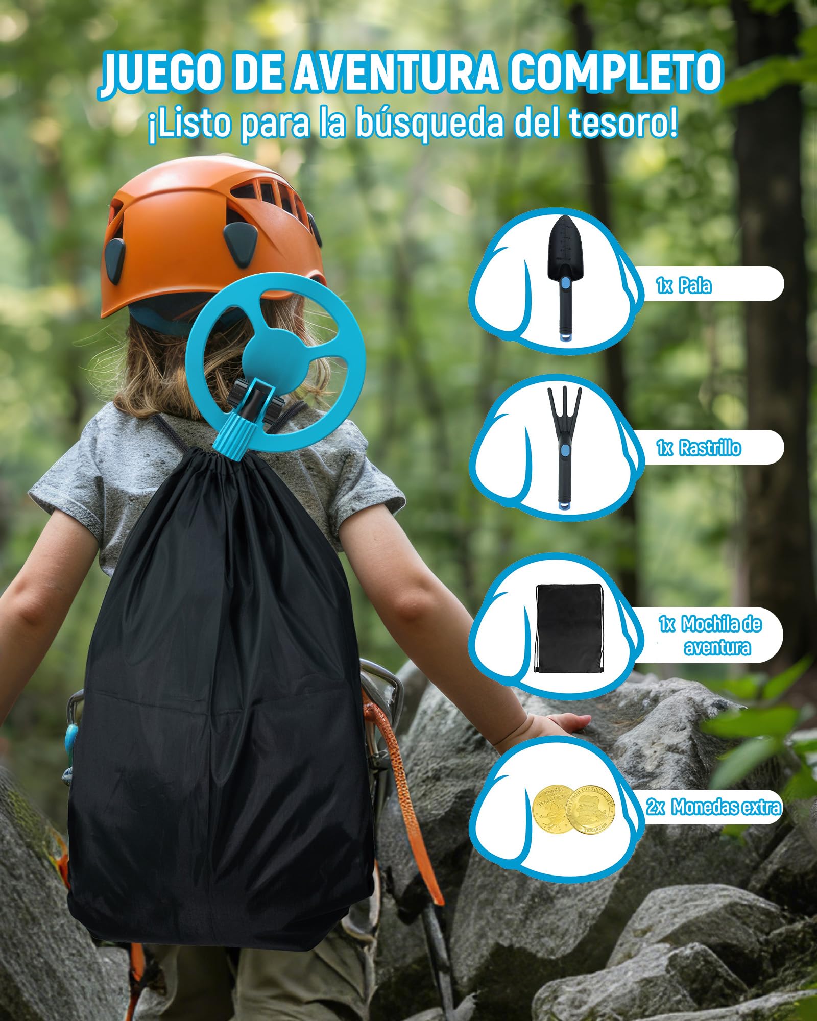 KAIWEETS Détecteur de Métaux 2025 Bleu, Écran LCD Couleur Animé, Tige Légère et Réglable, Kit de Chasse au Trésor Complet avec Sac à Dos, Pelle, Râteau & Pièces Bonus – Cadeau Parfait pour Noël, Anniv