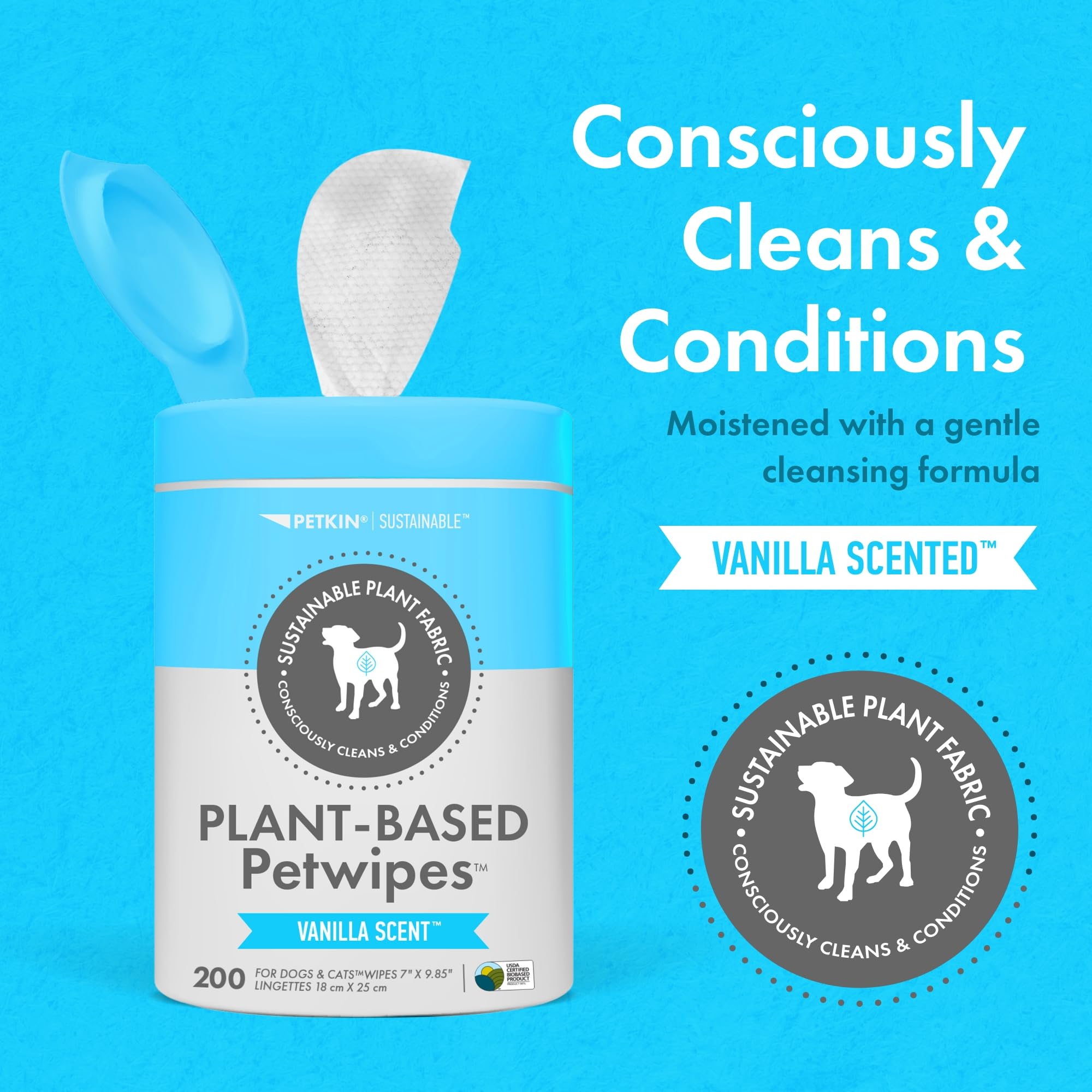 Petkin Toallitas para mascotas a base de plantas, 200 toallitas, 6 unidades, toallitas biológicas y sostenibles para mascotas para perros y gatos, para cara, patas, orejas, cuerpo y zona de los ojos,