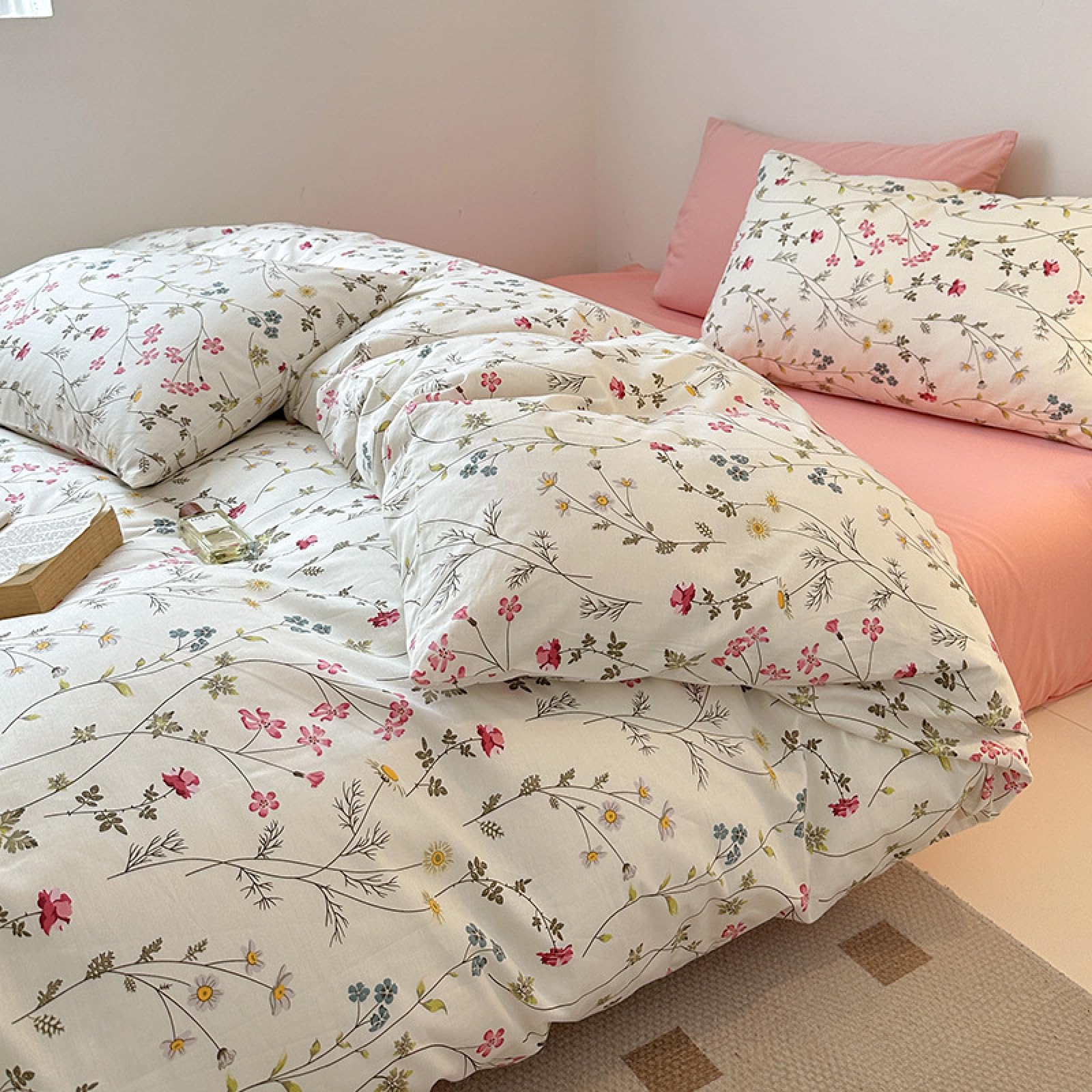 Freyamy Blumen Bettwäsche 135x200 Baumwolle Beige Rosa Bunt Floral Bettwäsche-Sets Mädchen Blumenmuster ÖKO-TEX Bettbezug 1 Deckenbezug mit Reißverschluss und Kissenbezug 80x80cm