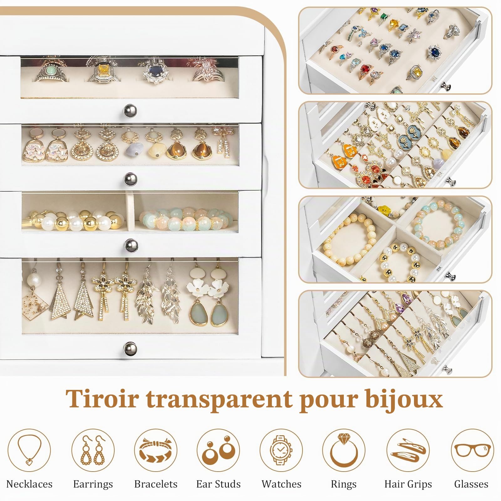 Grande coffret et organiseur de bijoux pour femme, rangement à bijoux en bois avec 4 tiroirs transparents, convient pour ranger colliers, bagues, bracelets, boucles d'oreilles（Blanc）