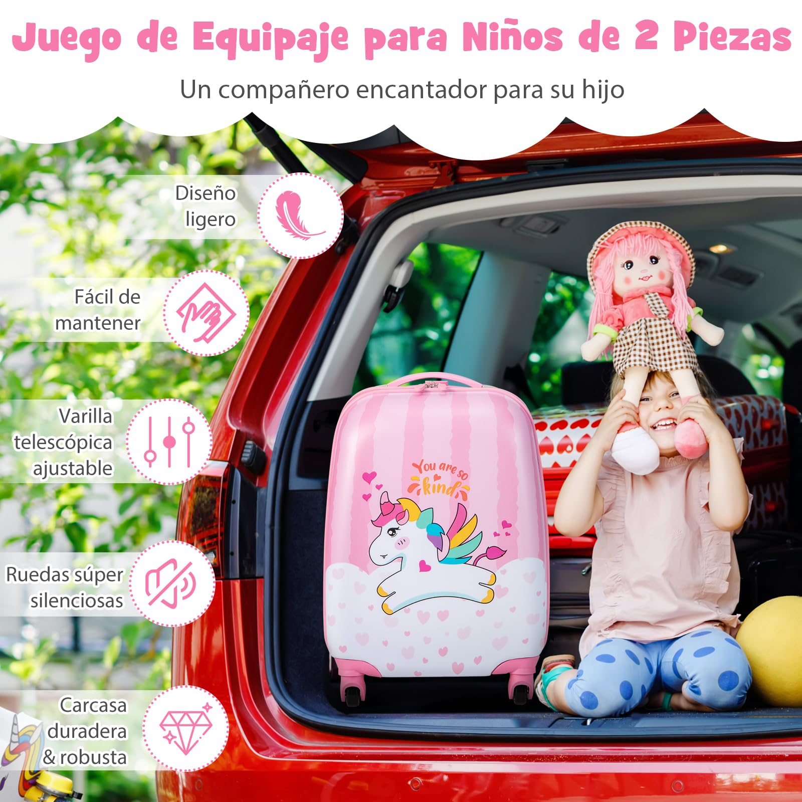 COSTWAY Maleta Infantil Niños, Equipaje de Viaje con Mochila, Equipaje Infantil con Ruedas Universales y Mango Ajustable, Juego de Mochila y Maleta Cabina Trolley (Patrón Unicornio)