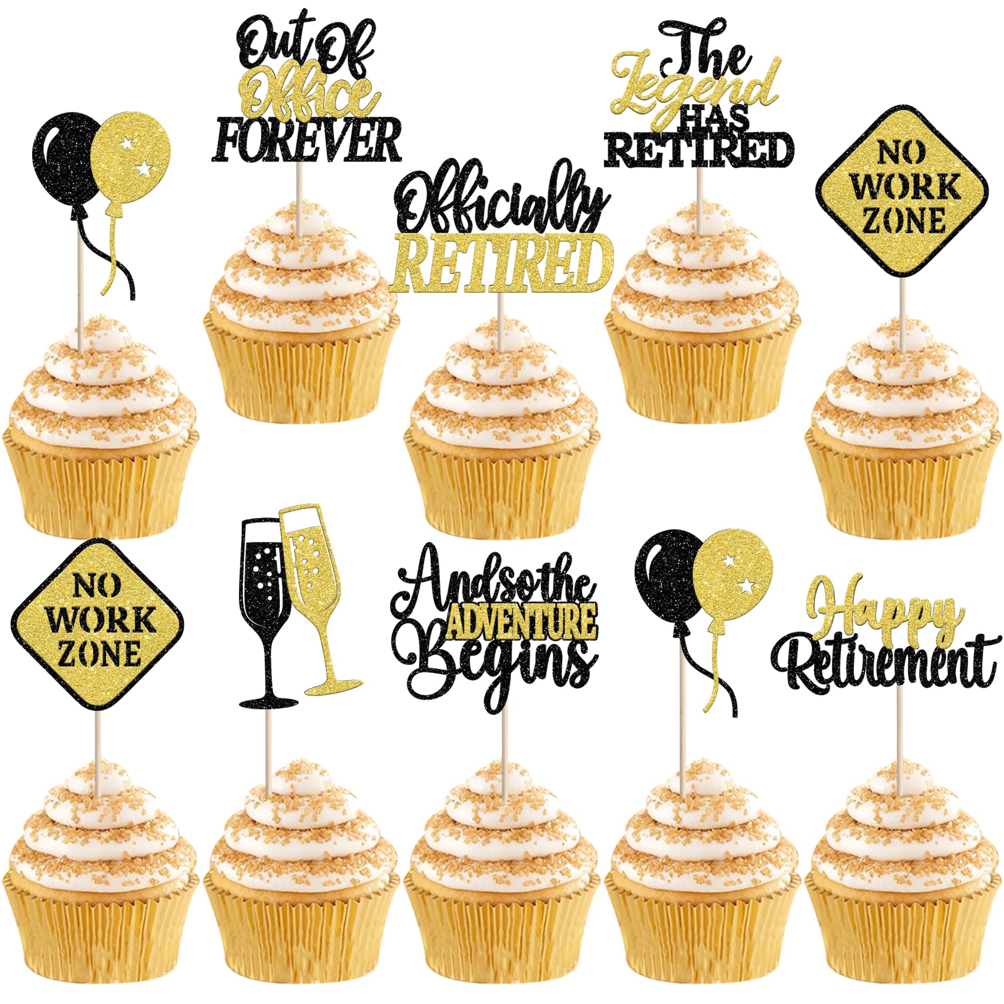 24 Pack Happy Retirement Cupcake Toppers Out Of Office Forever No Work Zone Cupcake Picks The Lagend Has Retired Cupcake Decorations for Officially Retired Party Cake Decorations Black Gold