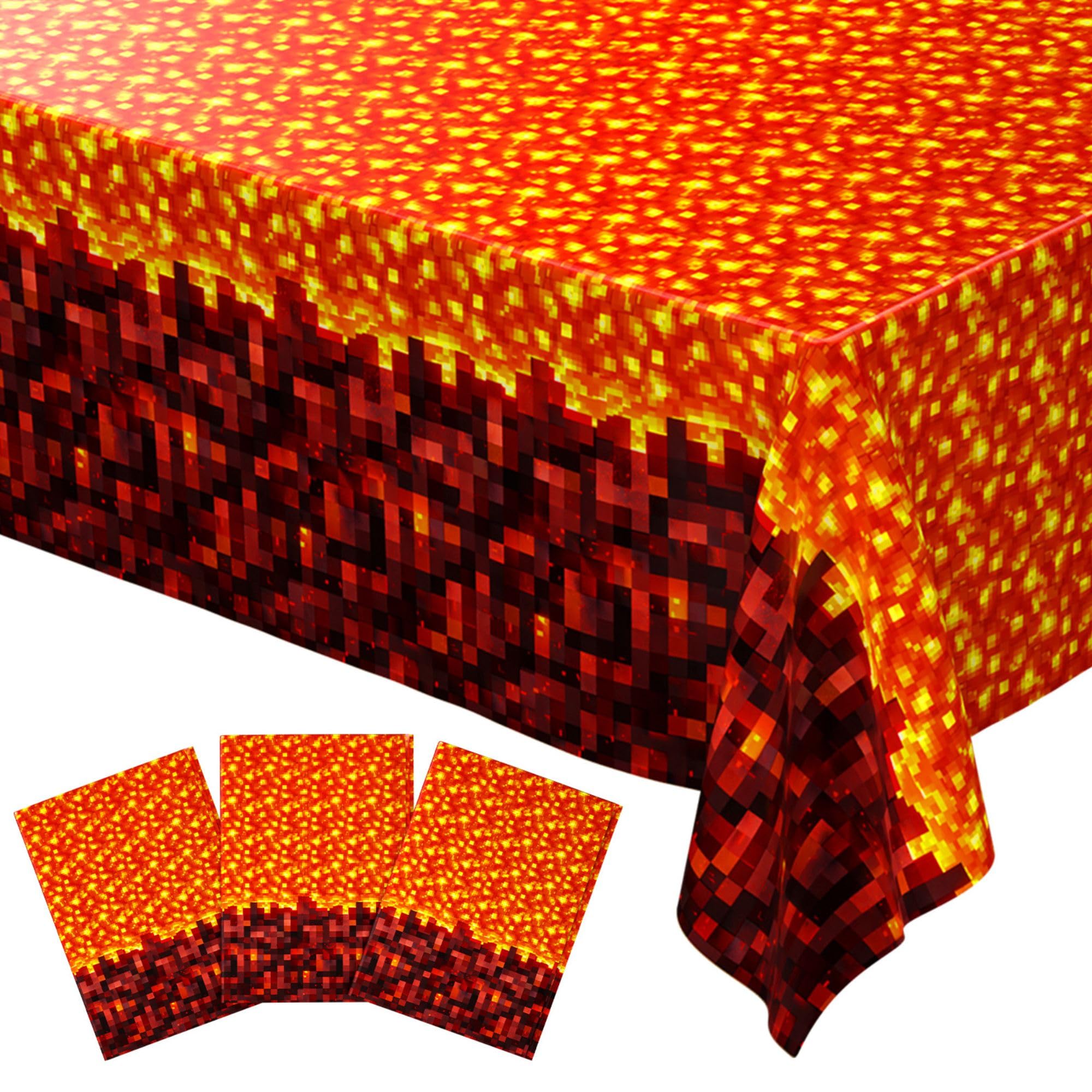 Blue Orchards Pixel Lava Tablecover (Pack of 3) 108" x 54" – Immersive Lava Themed Gaming Tablecloth, Accent and Backdrop, Gift Wrap, Lava Block Style Party Table Cover, Lava Rock Inspired