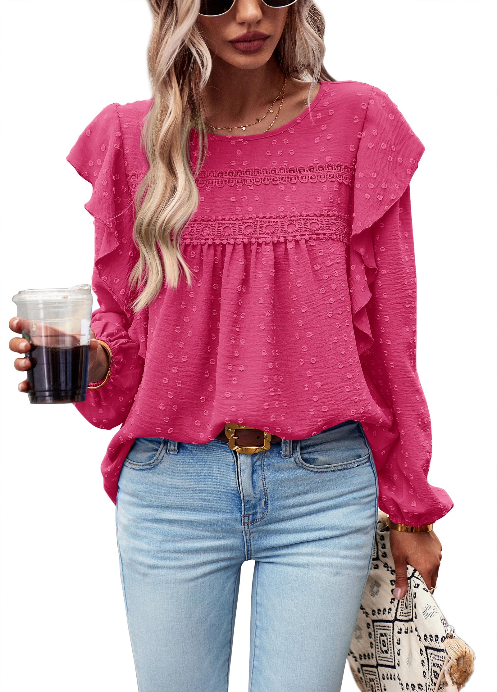 PRETTYGARDEN Women's Long Sleeve Blouses Ruffle Swiss Dot Crochet Loose Fit 2025 Spring Fall Tunic Dressy Casual Tops