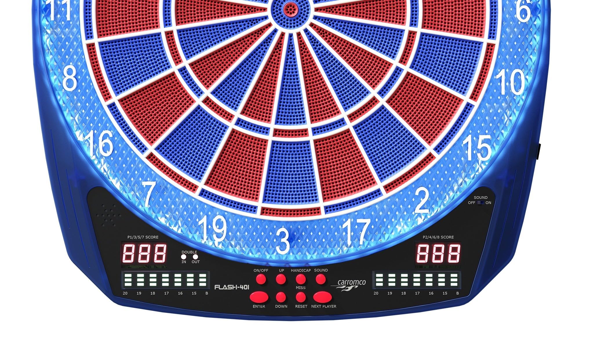 Carromco Freccette elettroniche FLASH-401, distanza a 2 fori, set di freccette fino a 8 giocatori, 35 giochi e 584 varianti, gioco blu, rosso, 42 x 3,2 x 46 cm