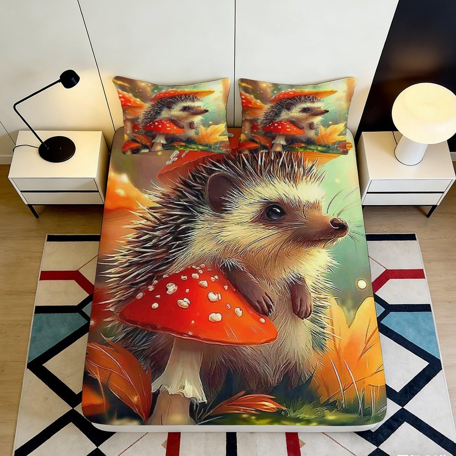 3D Printed Hedgehog Mushroom Fitted Sheet Microfiber Soft Anti-Slip Mattress Cover for Bedroom Dorm Easy Care Decor 180x200x25cm